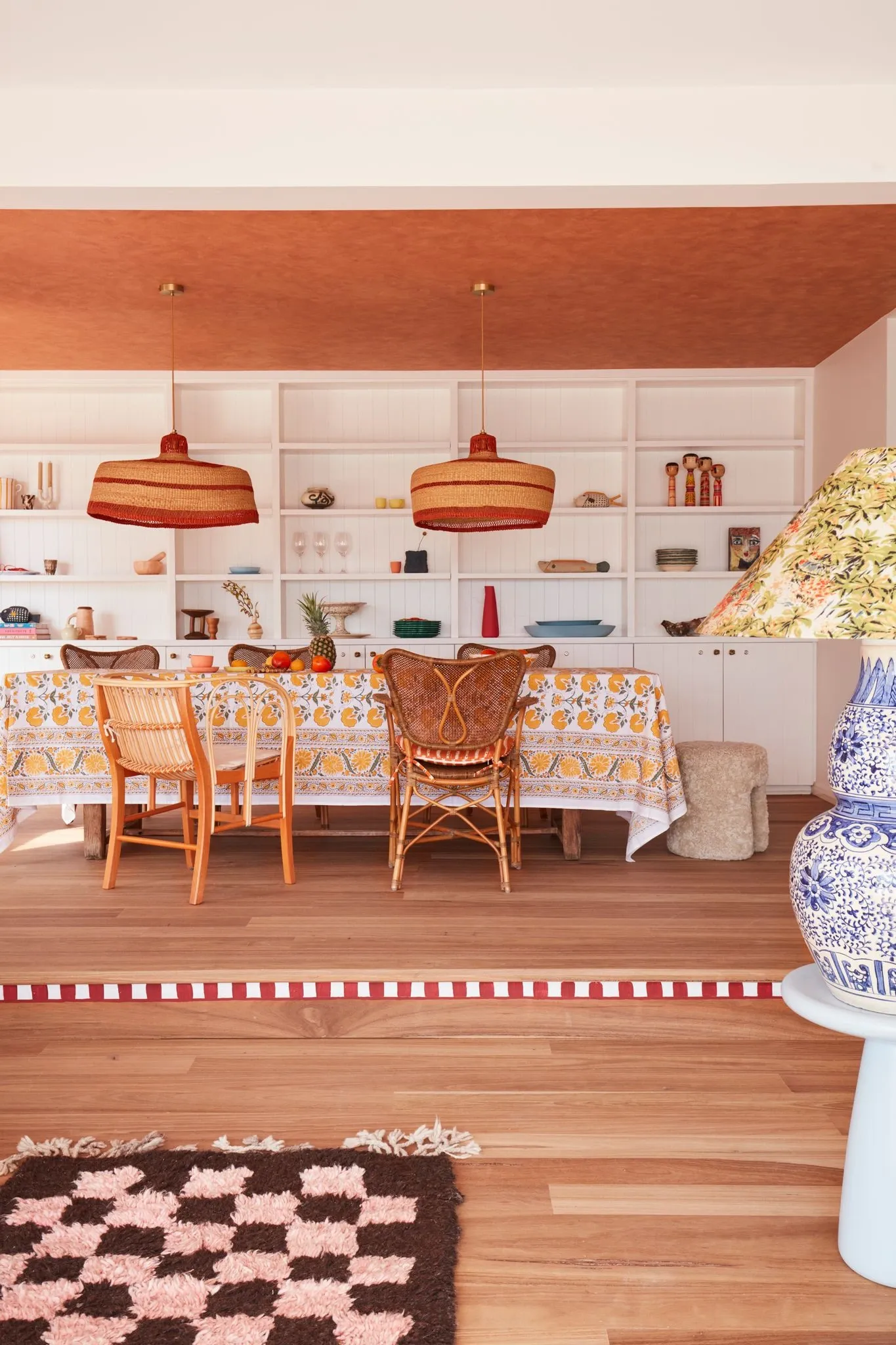 La Palma by YSG Studio. View from living room of dining, showasing signature Raffia pendants. 