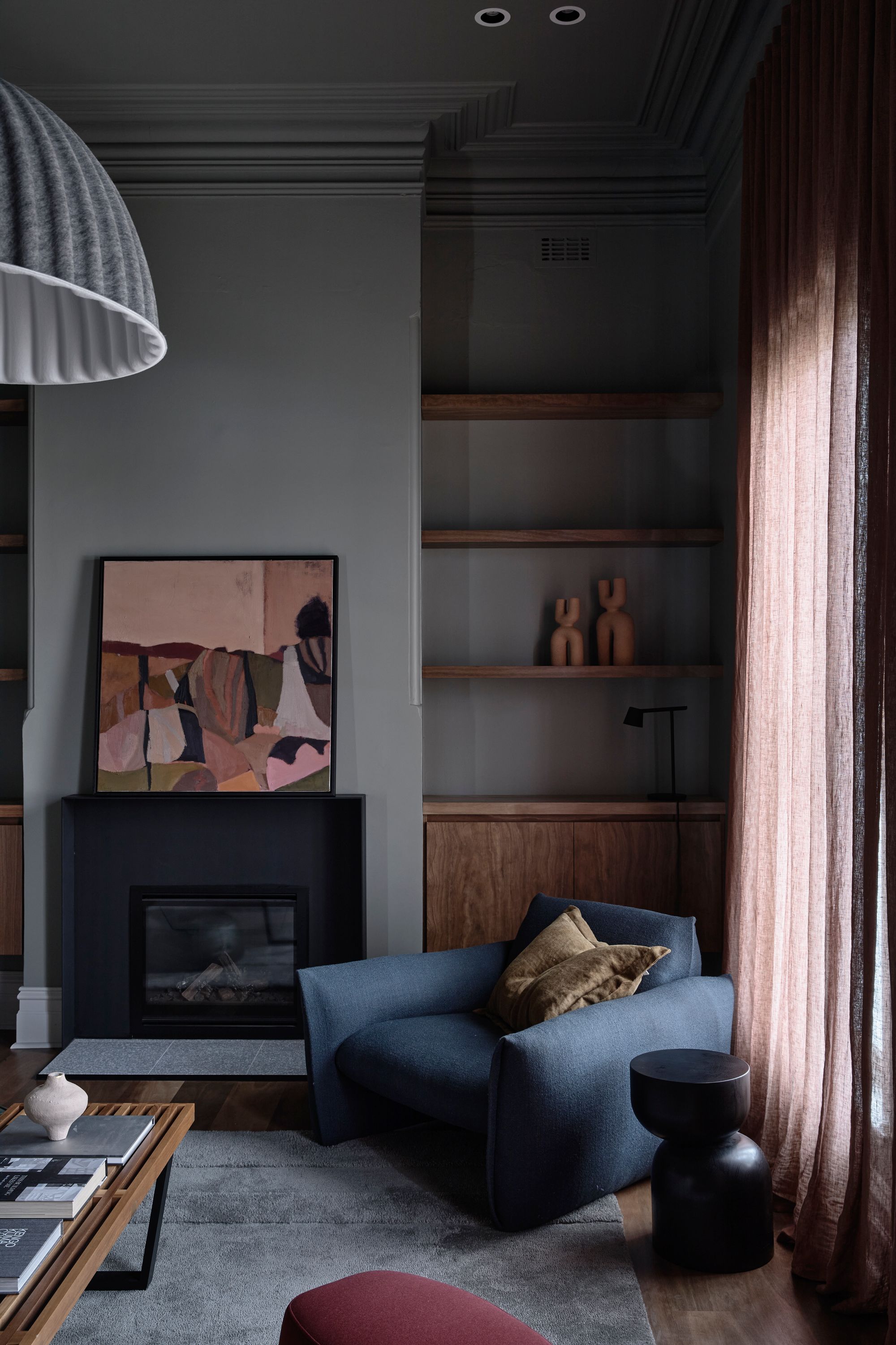 Carlton North Residence by Project 12 Architecture. Rumpus room, featuring Living Edge & Jardan furniture, studio gallery artwork and a Halcyon lake rug.  