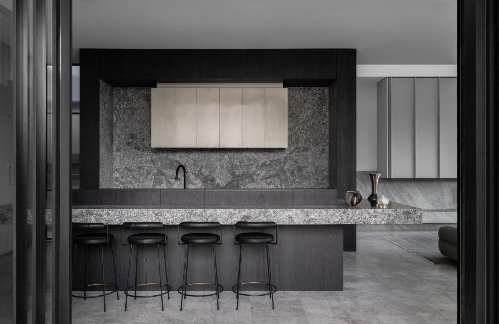 Tectonic House by SJB Interiors.  Kitching dining room, featuring bold dark accents.