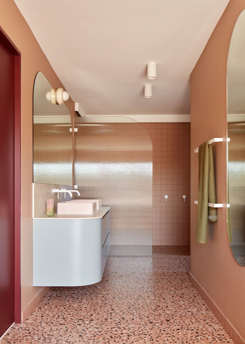 Play House by State of Kin. Mid century inspired bathroom, with an abundance of terrazzo tiling. 