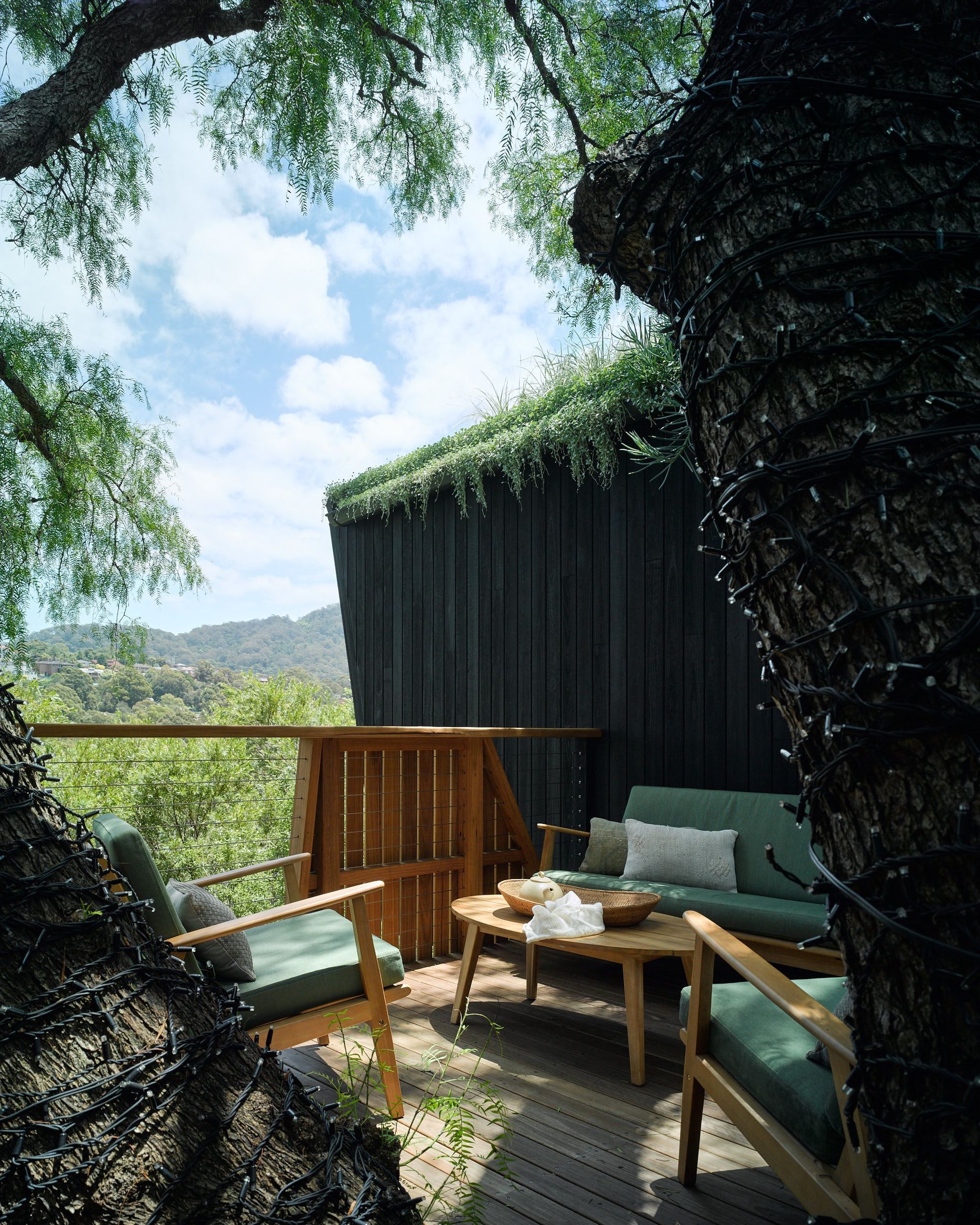 Pepper Tree Passive House by Alexander Symes Architect showing timber deck courtyard with outdoor furniture