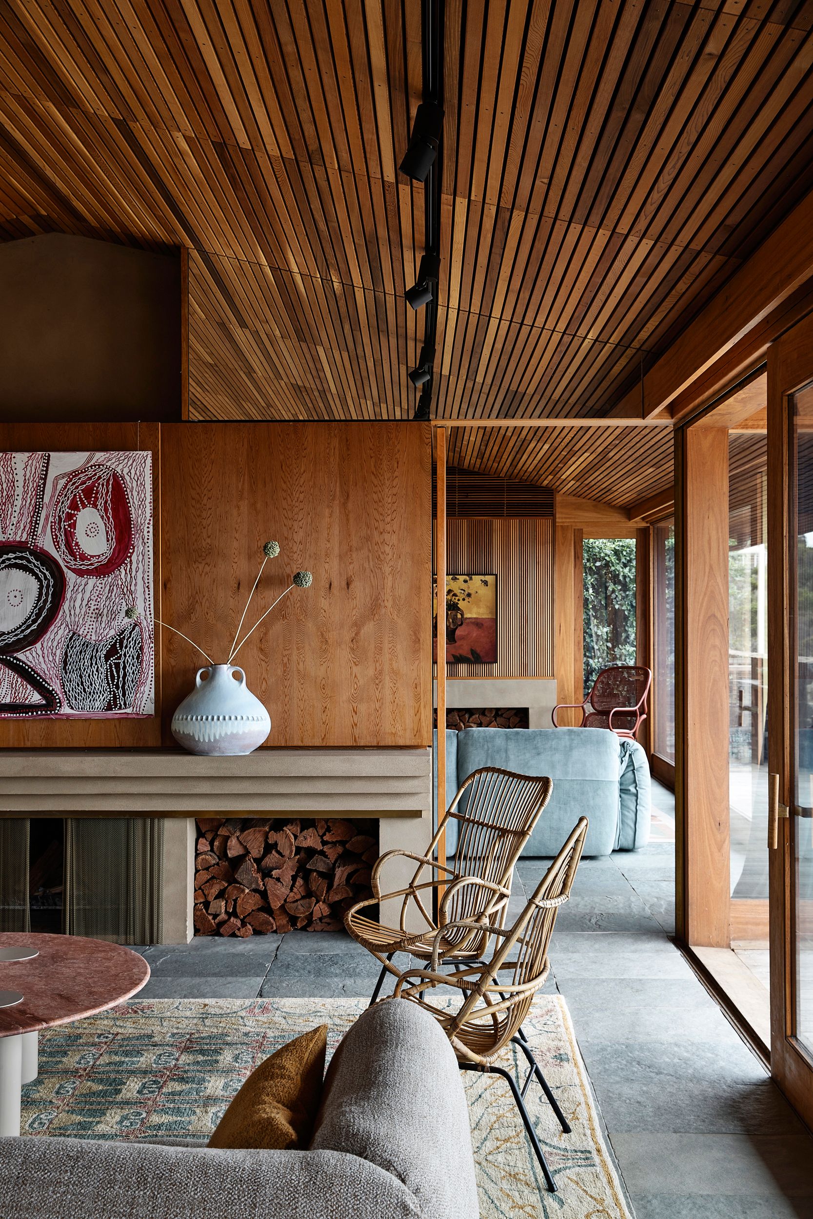 Always by Kennedy Nolan showing styled interior with large fireplace and timber ceiling
