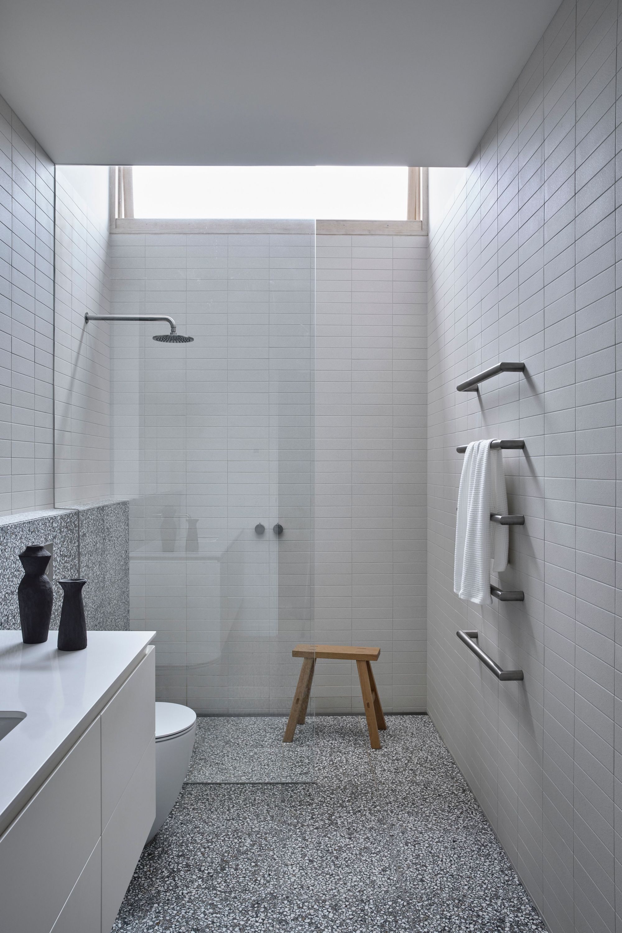 Silvertop House by Tom Robertson Architects. Master bathroom featuring speckled terrazzo flooring