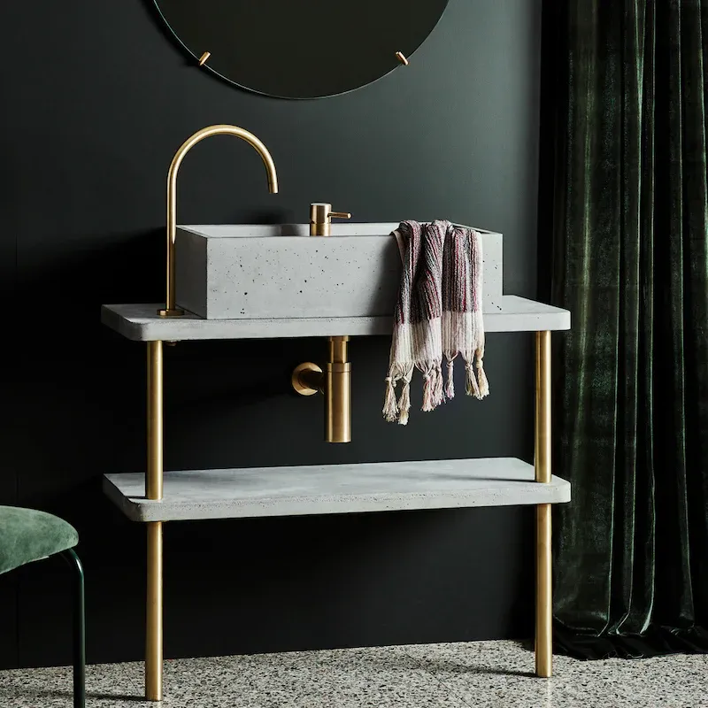 Wood Melbourne 2019 Collection. Wolff vanity styled with Cape barren spout and Elle Mixer