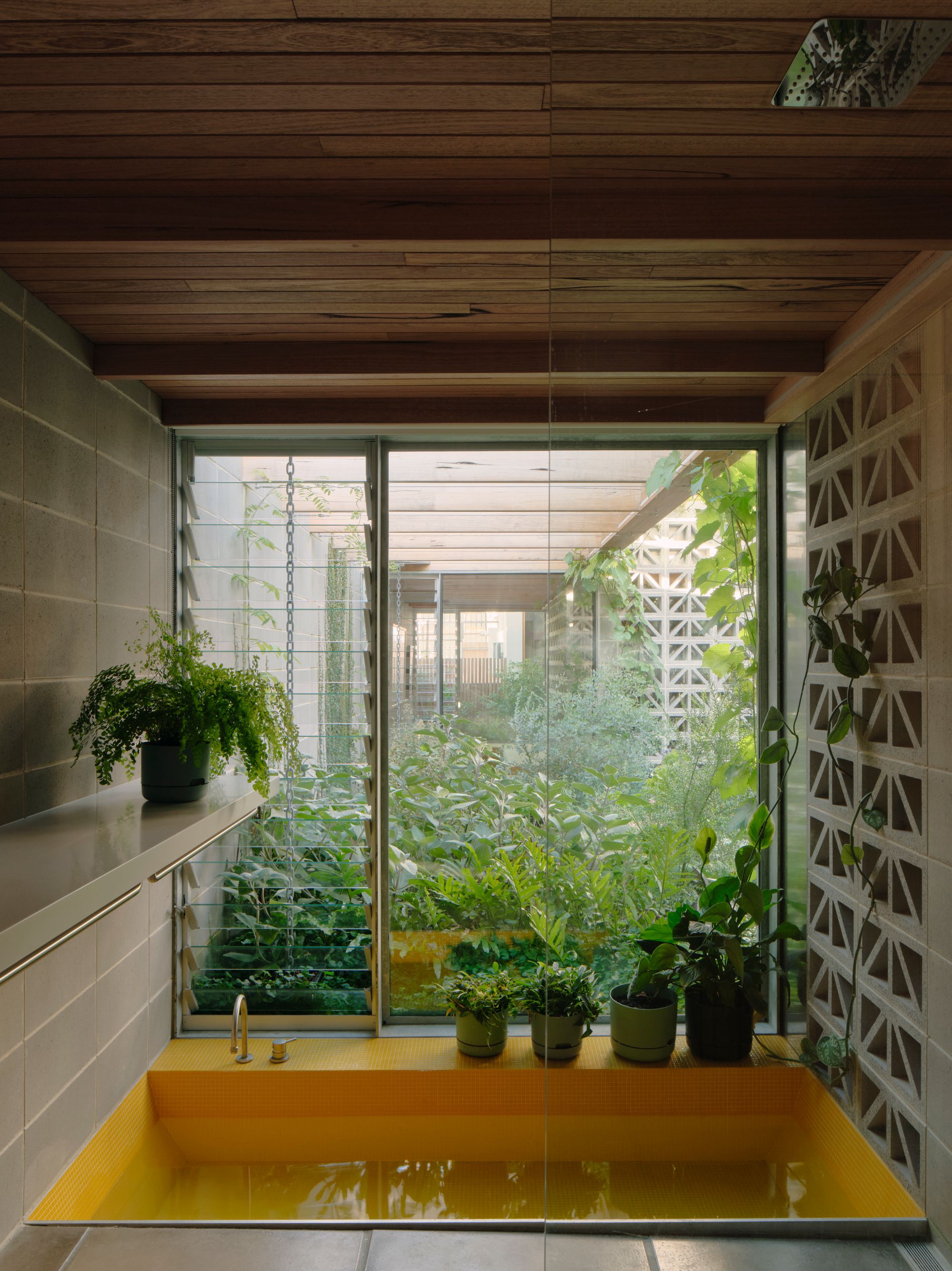 Sunday by Architecture architecture. Sunken bath, with accent sunny yellow; looking out onto courtyard. 