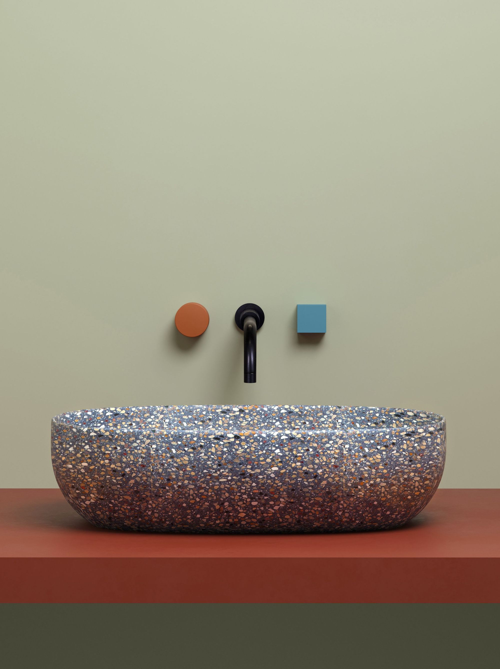 Wood Melbourne's Chromablock Collection. Kahn & Corbu tapware with terrazzo basin. 