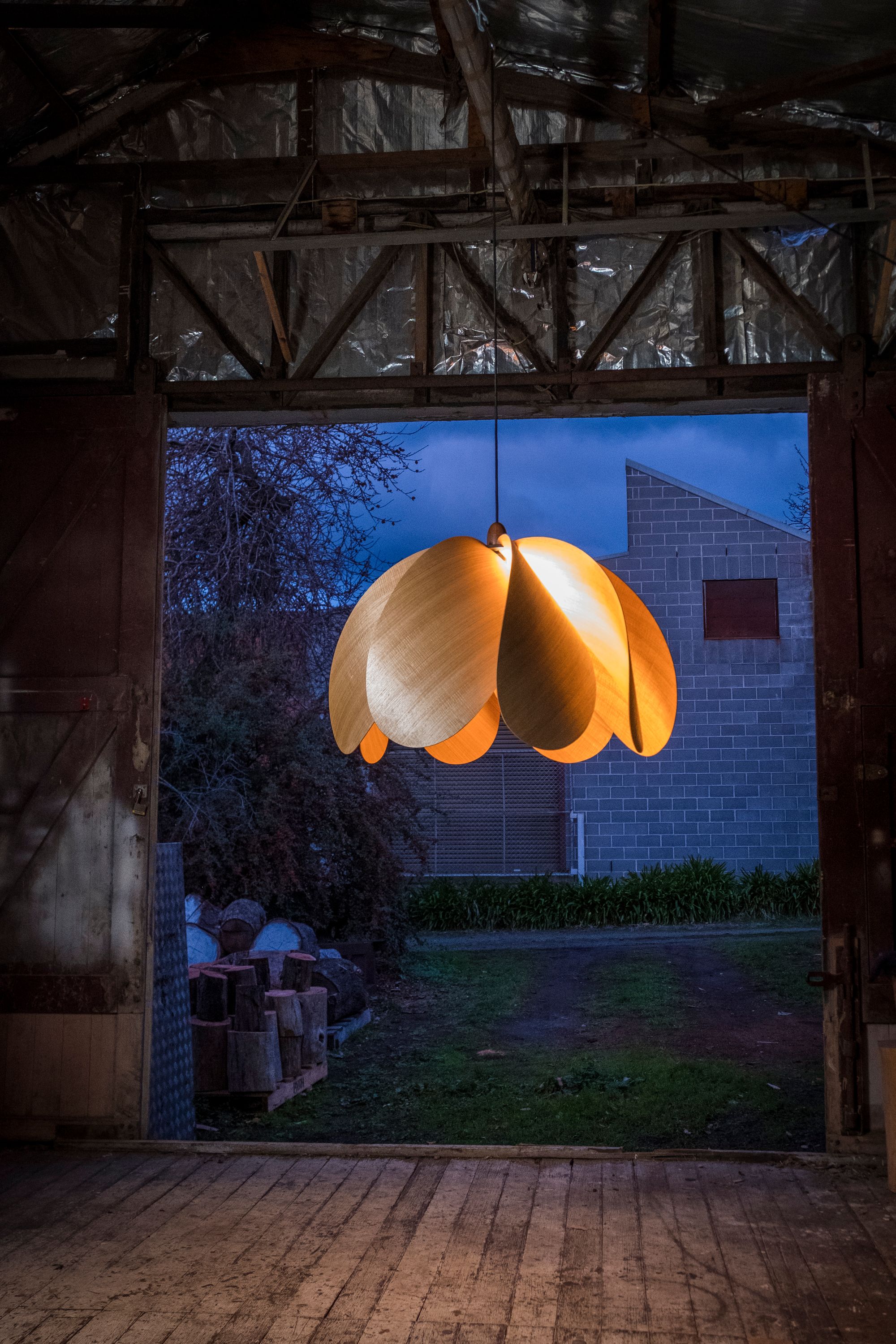 Duncan Meerding's Propeller Blossom Pendant hanging in the workshop