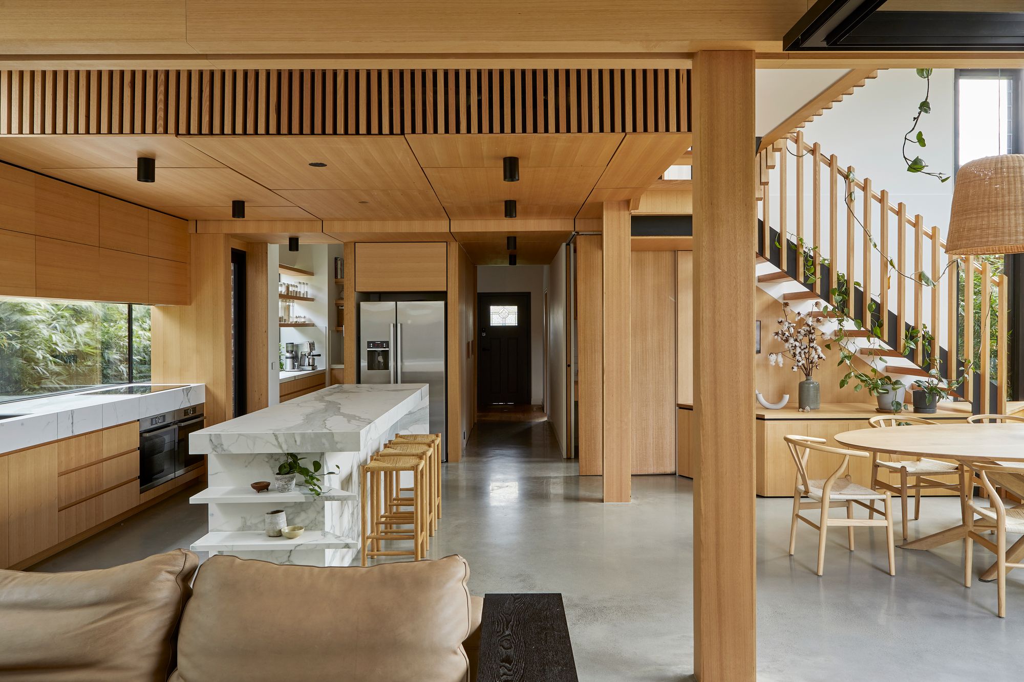 Timber Lantern House by mcmahon and nerlich. Living, dining and kitchen area.