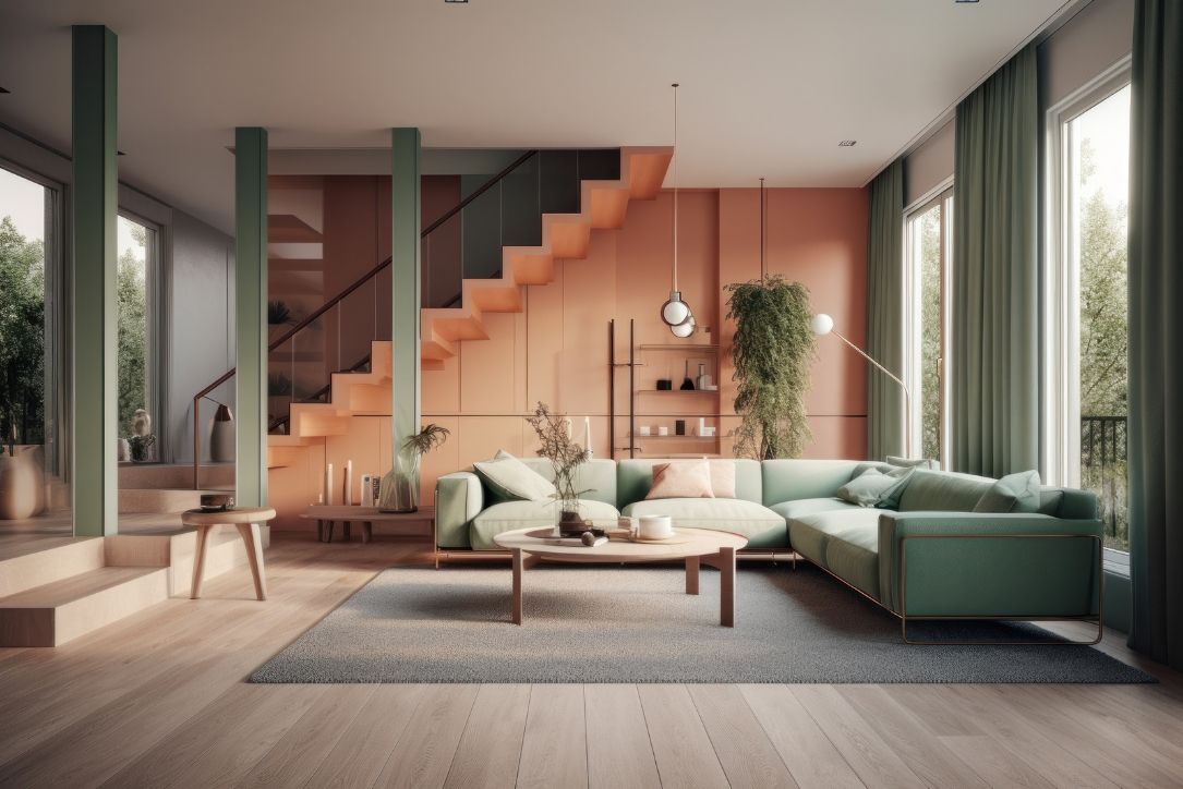 Modern living room floor plan with comfortable sofa, pastel colored walls, large windows, stairs to the second floor. 