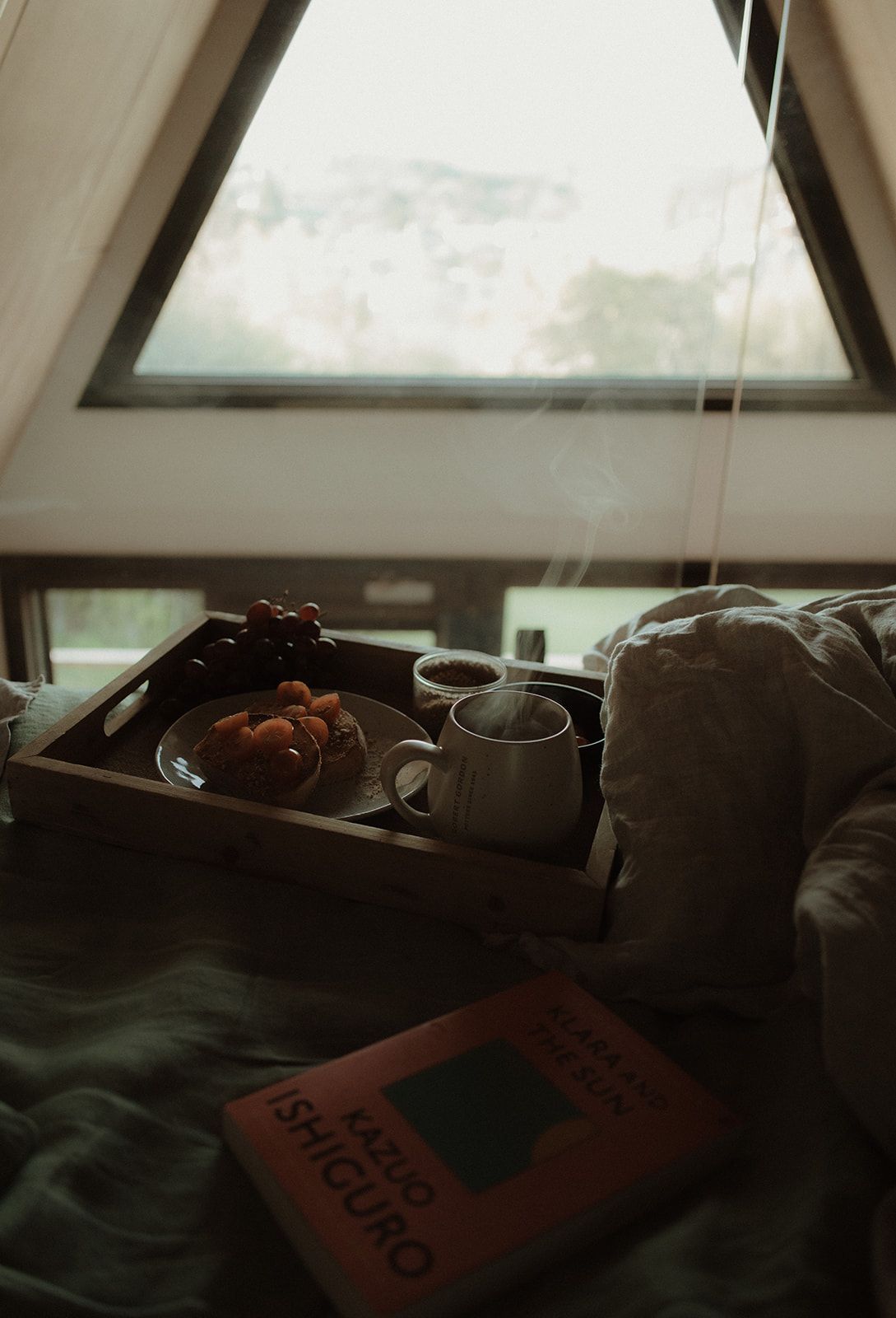 The Eco Cabin Tasmania by Wild Life Environmental. Detailed view of breakfast in bed. 