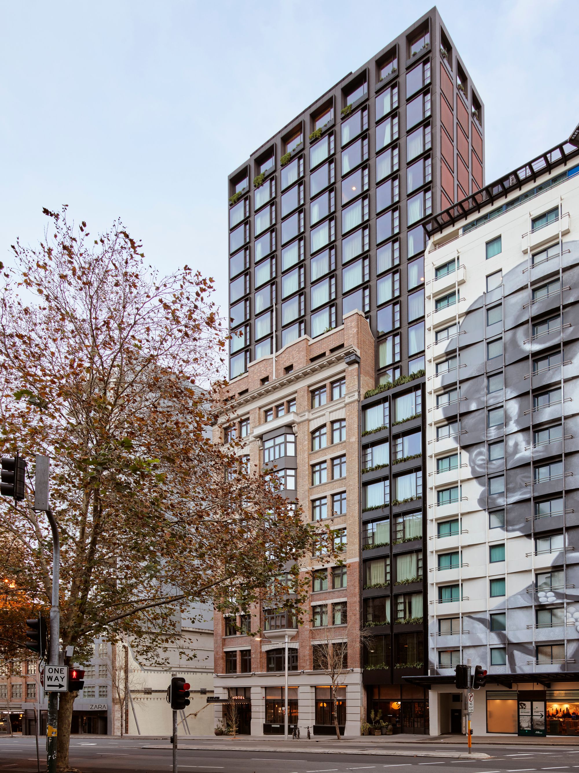  Ace Hotel Sydney. Street facade, featuring remnants of the original Tyne building with the addition of 8 floors. 