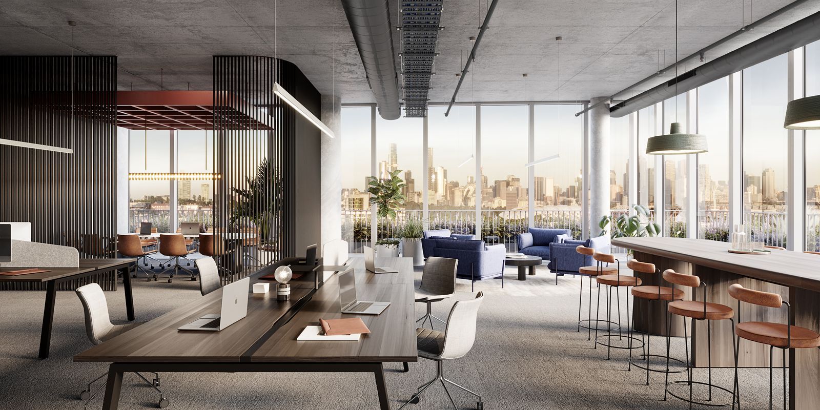 Project Everlane by MONNO. View from officespace looking out to city skyline. 