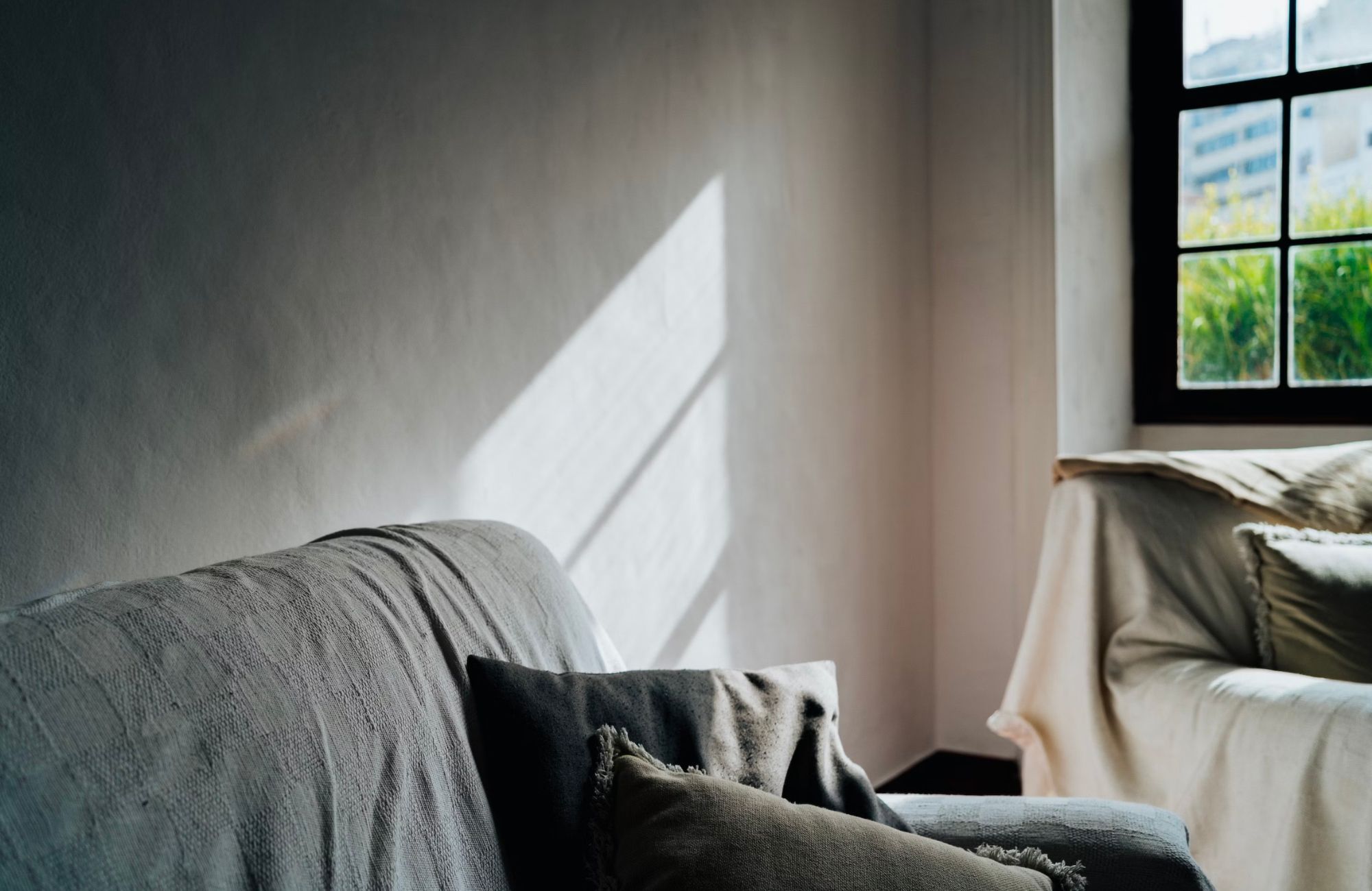 Interior of living space with linen sofas