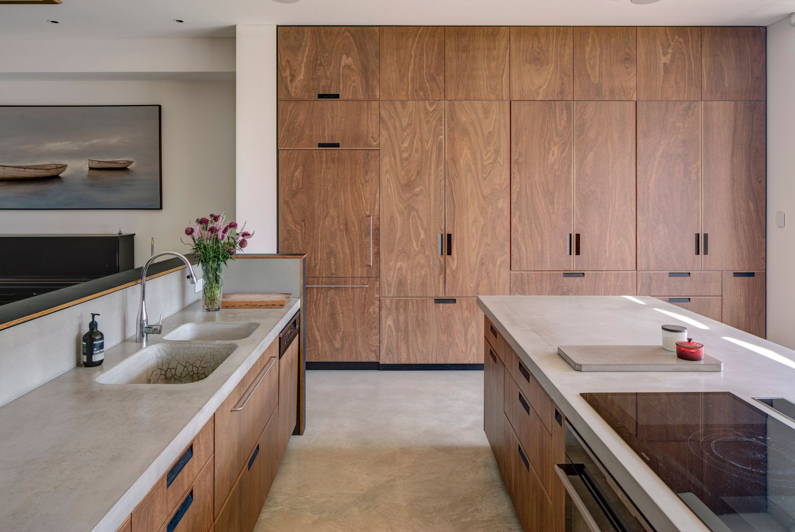 Sky House by Marra+Yeh Architects interior view of timber veneer kitchen