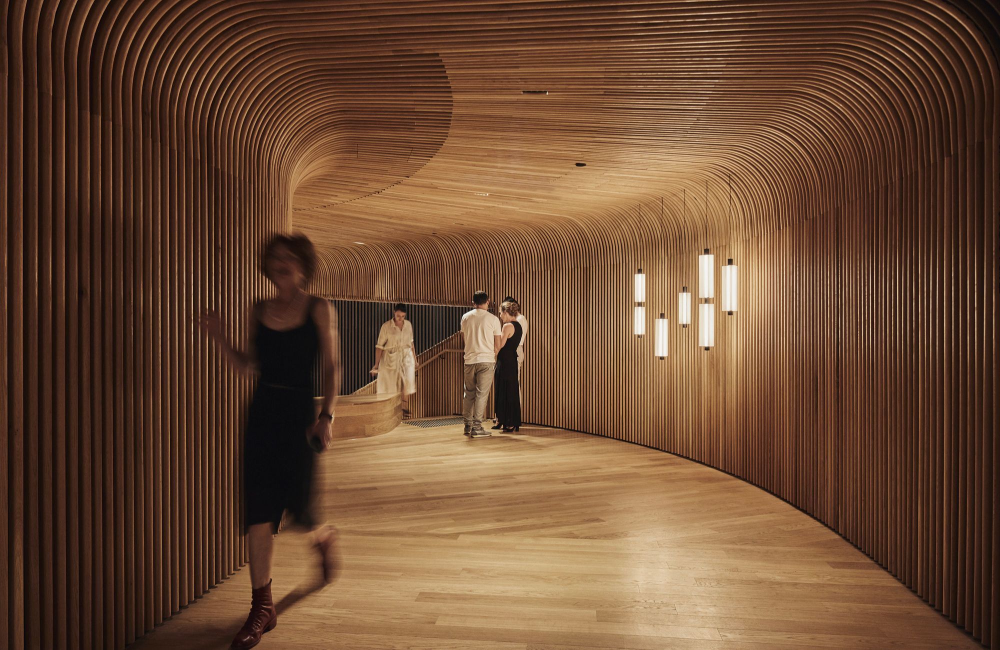 Sculptform Design Studio by Woods Bagot showing timber batten hallway and timber floor