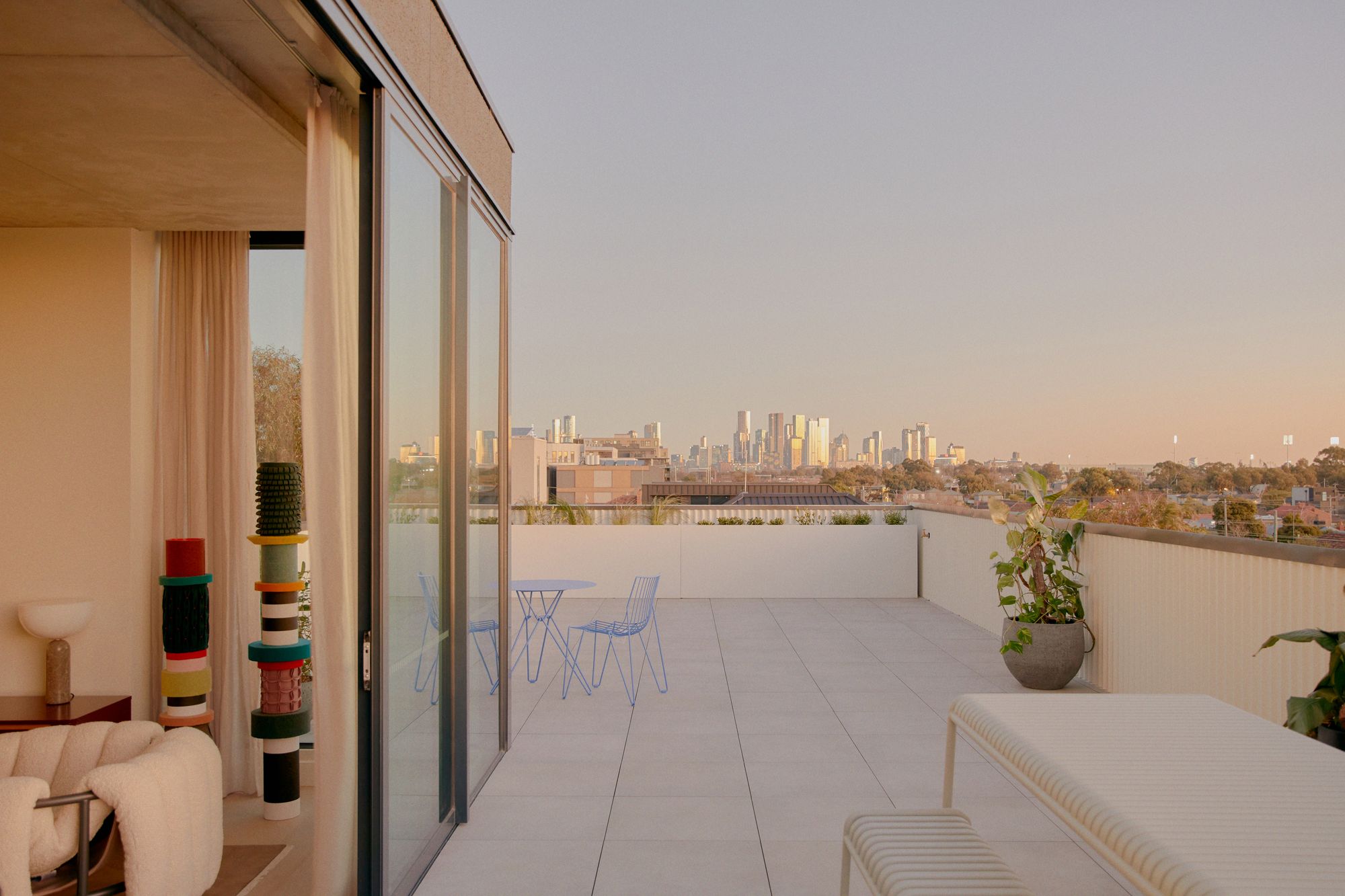 Brunswick East for Milieu by Foolscap Studio and Fieldwork. Display apartment showcases exterior deck. 