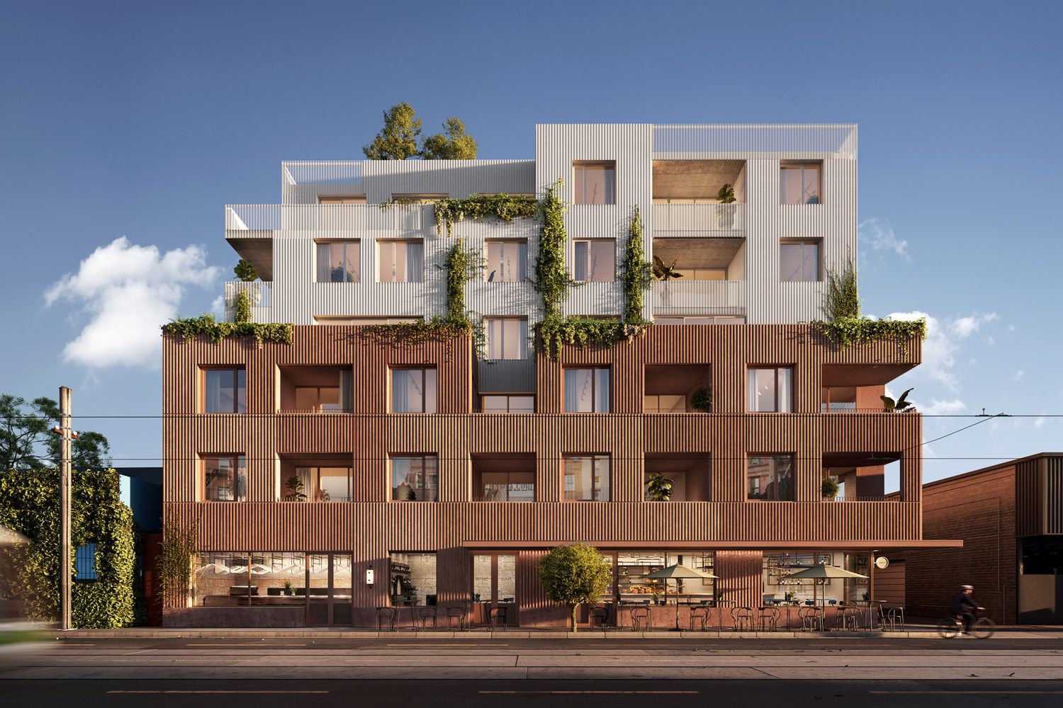 BrunswicEast for Milieu by Foolscap Studio and Fieldwork. Façade render of Brunswick East from street.