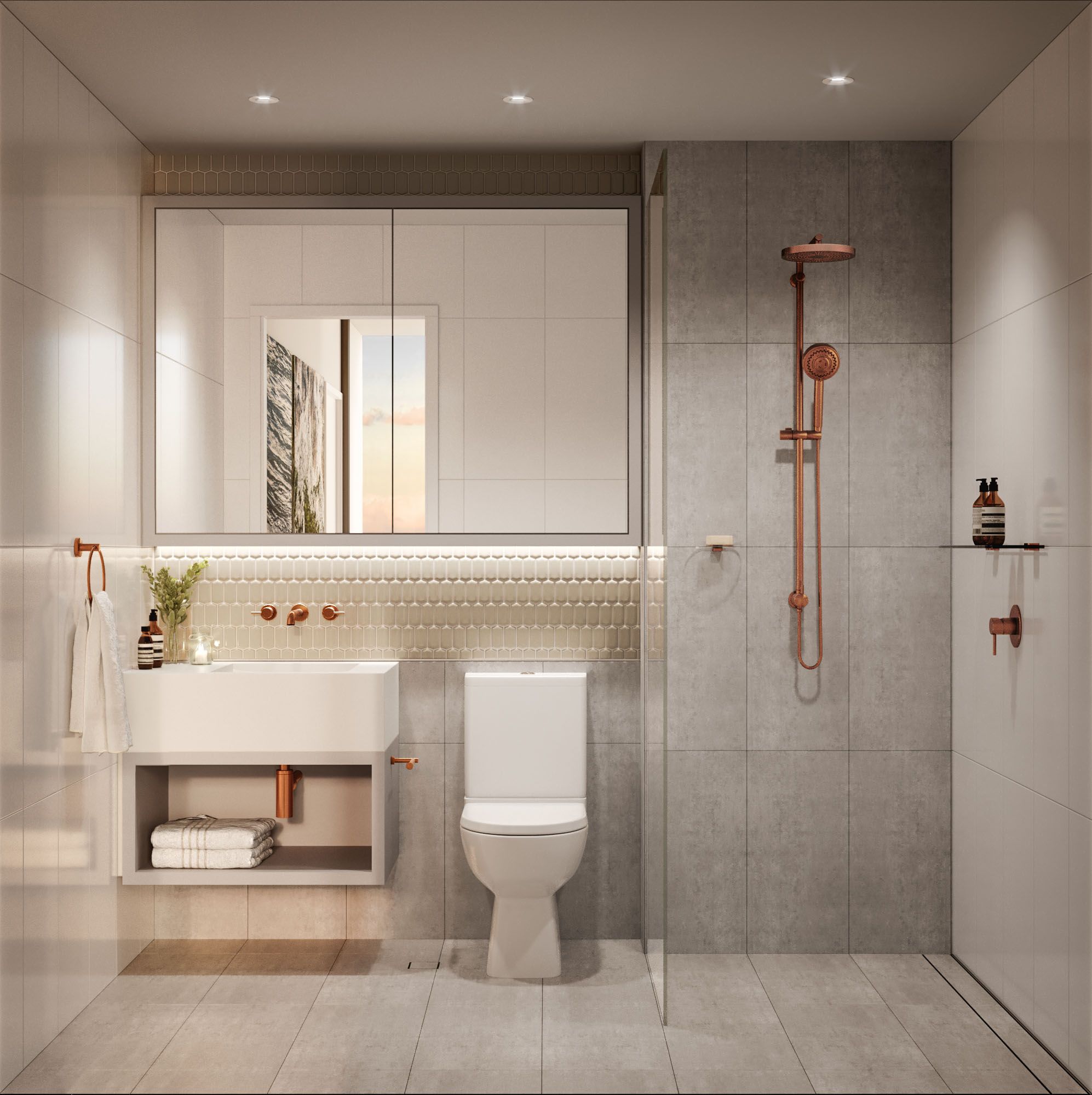 A modern, elegantly designed bathroom featuring neutral tones. The room showcases a large mirror with embedded lighting and a smaller inset window revealing a serene sunset. Below the mirror, a white countertop includes an undermount sink with stylish copper fixtures. Above the countertop, a textured fish-scale backsplash adds visual interest. To the right, a walk-in shower is equipped with a copper rain showerhead and matching controls, complemented by large, light-gray tiles that line the wall. The bathroom also boasts a floating vanity with a shelf below for storing towels and a wall-mounted toilet. Accents of plants and toiletries enhance the serene ambiance of the space. The flooring, consistent with the shower walls, provides a seamless look, completing the sophisticated aesthetic of the room.