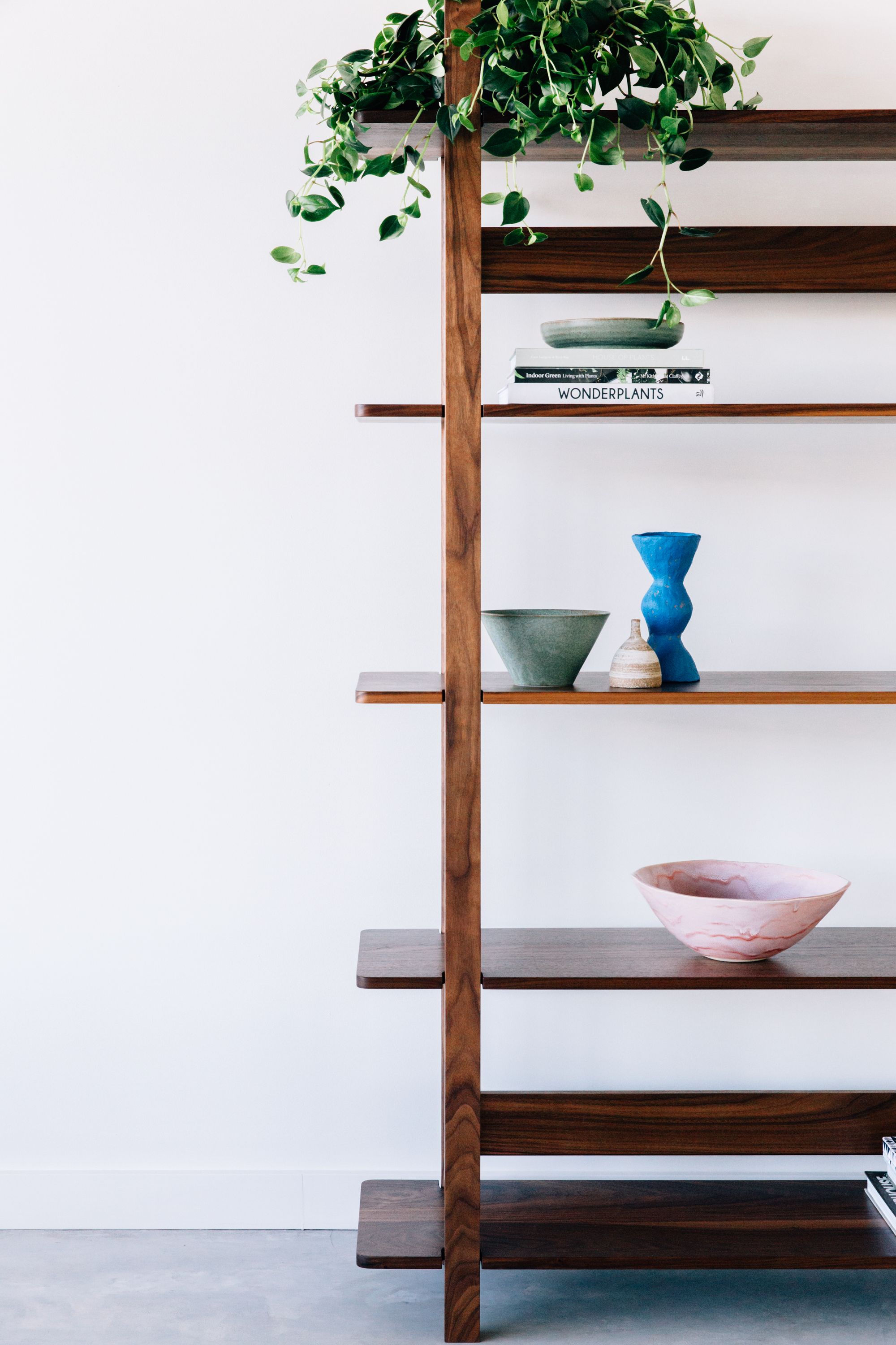 A minimalist wooden shelf against a white wall, adorned with a cascading green plant at the top. The shelves display a book titled "WONDERPLANTS," a green bowl, and a blue hourglass-shaped vase. At the base of the shelf, a soft pink bowl rests. The design is contemporary with clean lines, contrasting the warm wood with the stark wall backdrop.