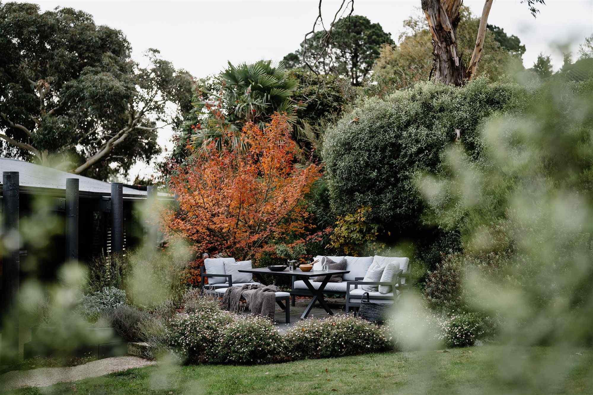 Jumoku Daylesford. Showing the native Australian garden and an outdoor seating area