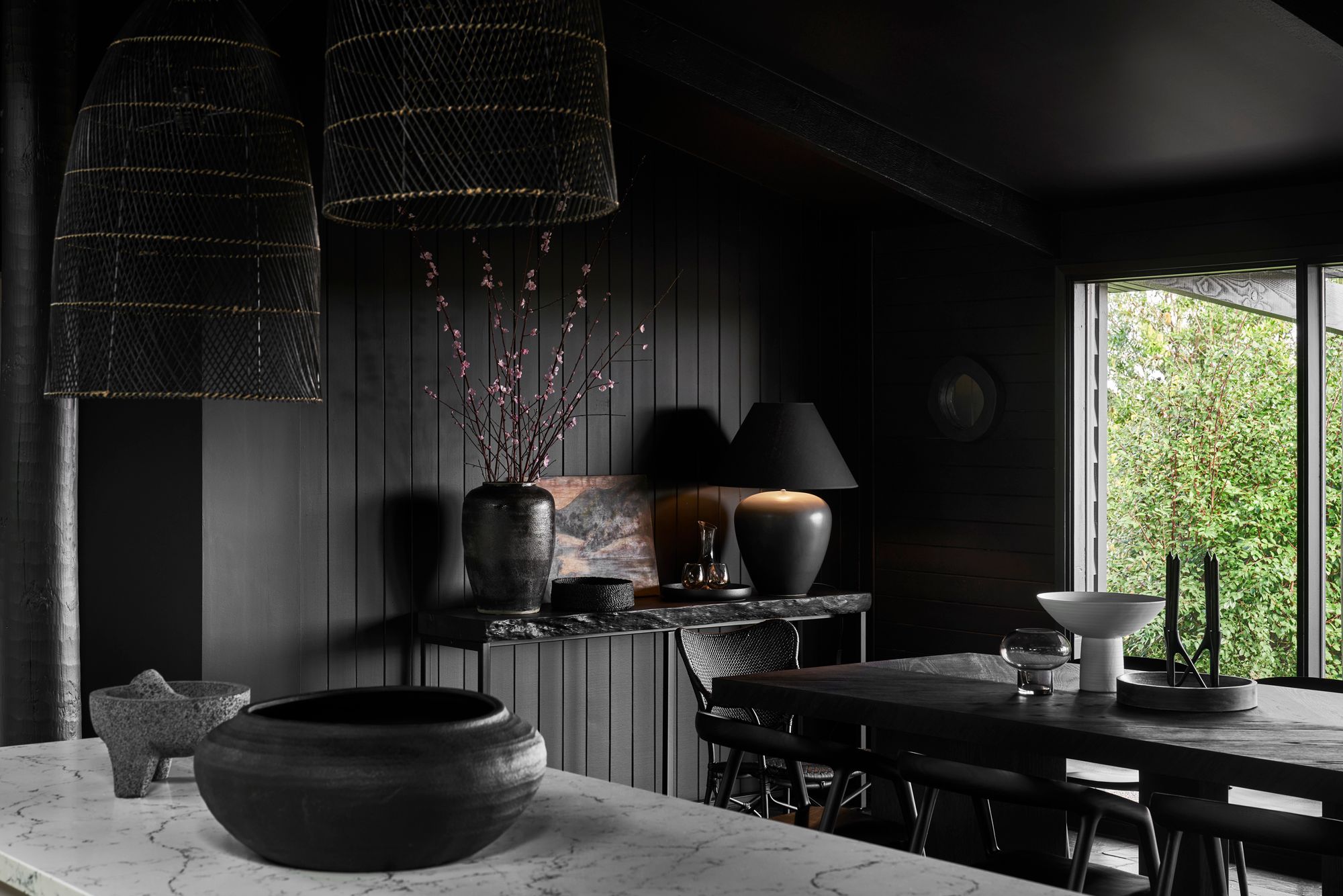 Jumoku Daylesford. Showing the dark interior of the dining room