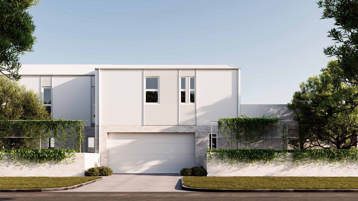 Parkside Palmyra Townhouses MDC Architects. Double story white residential property facade. White tin exterior. Double garage on the ground level. There are crawling plants growing on the building and over the enclosing retaining wall and fence. Maintained roadside lawns and gardens.