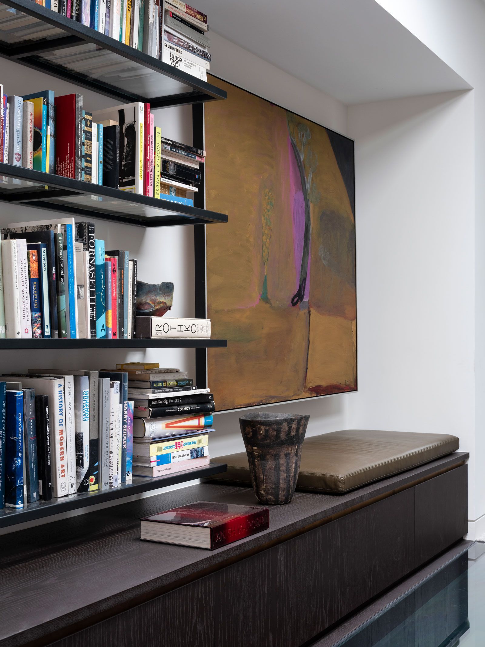 Maranatha House by Bijl Architecture. Detailed view of Custom bookshelf. 