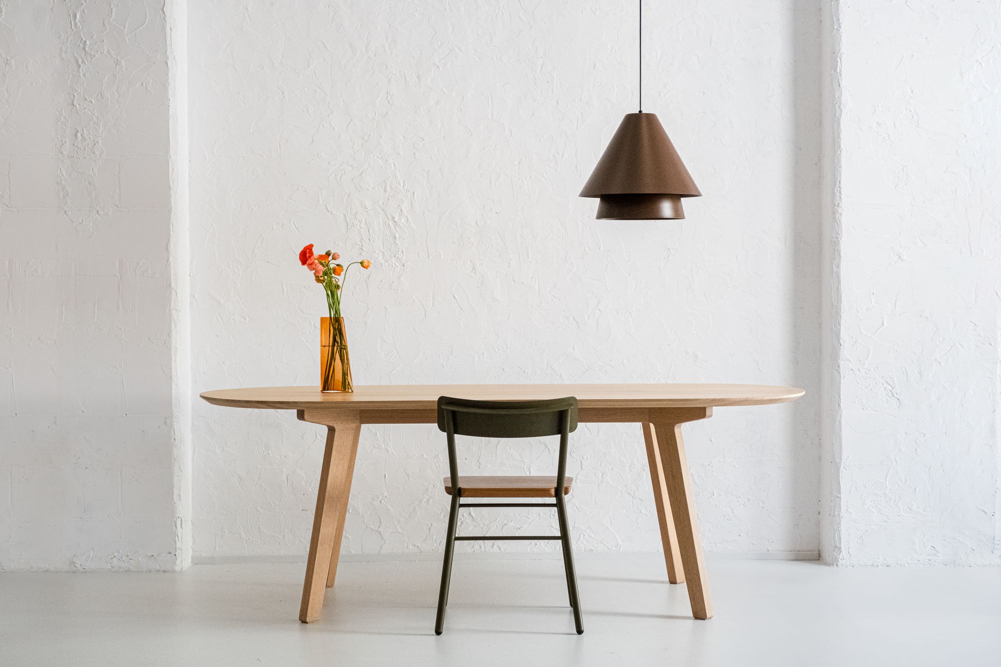 JamFactory. Styled shot showing Ra Ra Pendant Light, Sit Chair, Gater Table & Pillar Vase.