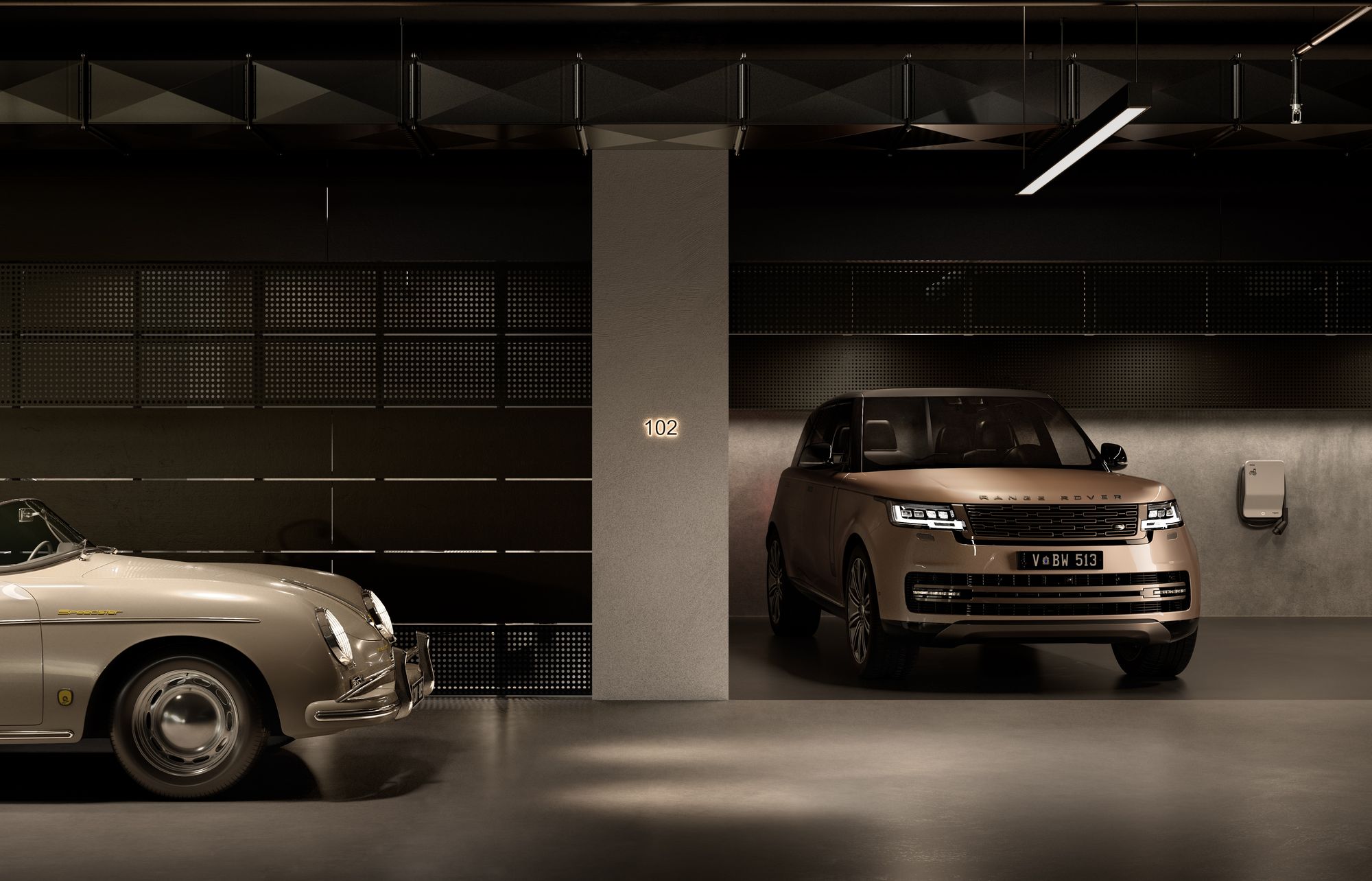 Como Toorak by Prime Edition x Jolson. This image presents a sophisticated and dimly lit garage space housing two contrasting vehicles. On the left, a classic, vintage car boasts elegant curves and a shiny chrome finish, reflective of historical automotive design. On the right, a modern luxury SUV is positioned, its design sharp and contemporary, highlighted by its distinctive LED headlights and a clean, minimalist aesthetic. The garage itself is sleek, with dark walls, geometrically patterned cabinets, and modern lighting that accentuates the cars' features. The presence of a charging unit on the wall suggests the SUV is likely an electric or hybrid model, indicating a blend of tradition and innovation within this space.