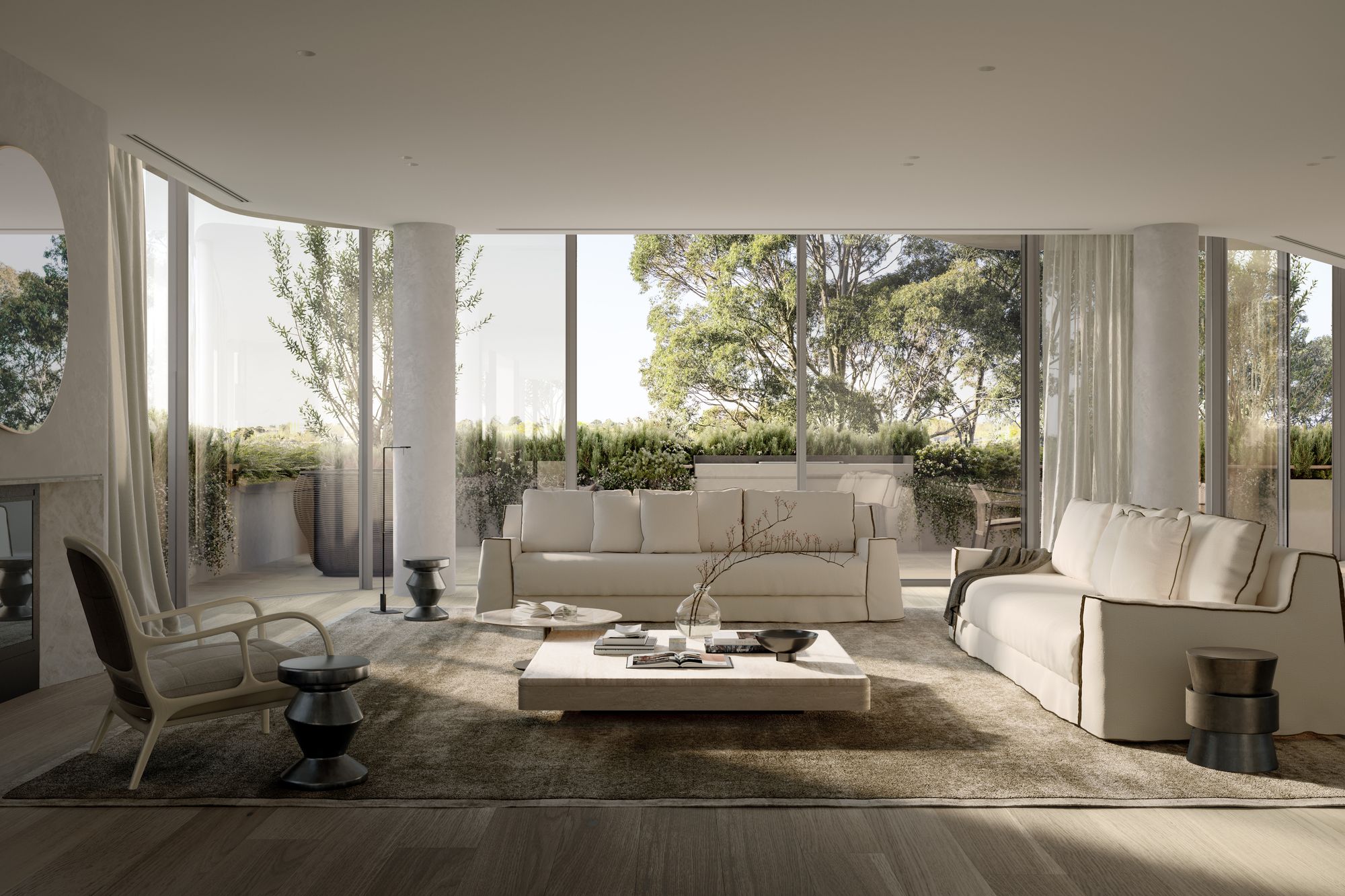 Como Toorak by Prime Edition x Jolson.This image showcases a modern, airy living space with abundant natural light flowing through expansive windows. Neutral-toned furniture, including a sleek sofa and distinctive armchair, is arranged on a large area rug, creating a cozy seating area. A low-profile coffee table sits at the center, adorned with minimalistic decor, while a unique floor lamp adds a contemporary touch. The room's design features clean lines and an open feel, connecting it to the outdoor patio and greenery beyond the glass, promoting indoor-outdoor living.