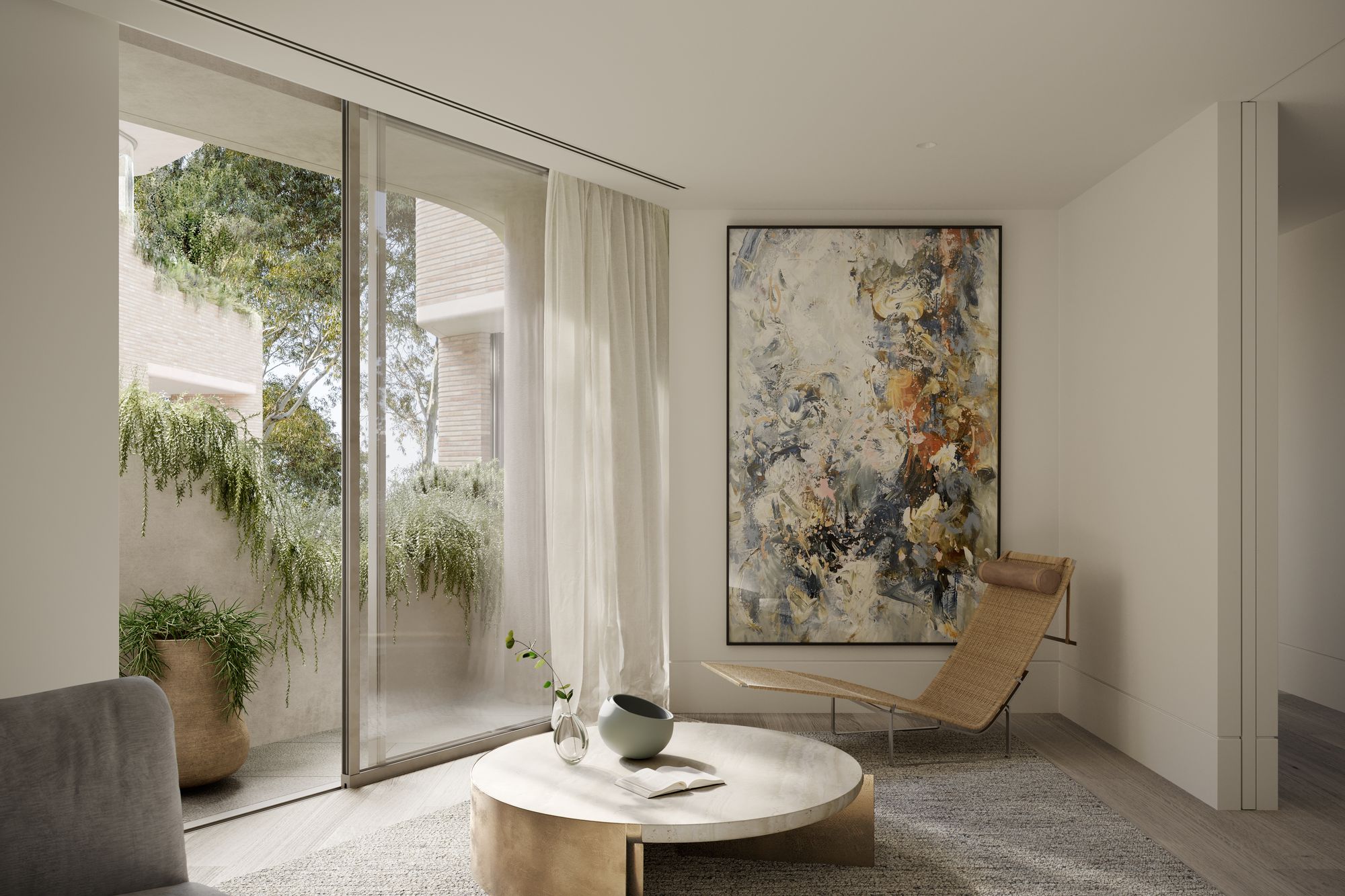  stylish and modern living space with a large abstract painting as the focal point on one wall, adding vibrant colors and texture to the room. A large window with sheer curtains invites natural light in, providing a view of the greenery outside. The furniture includes a simple yet elegant cream-colored round coffee table and a minimalist woven chair that add a natural and organic feel to the space. The room’s design is a harmonious blend of art, comfort, and connection to the outdoors.