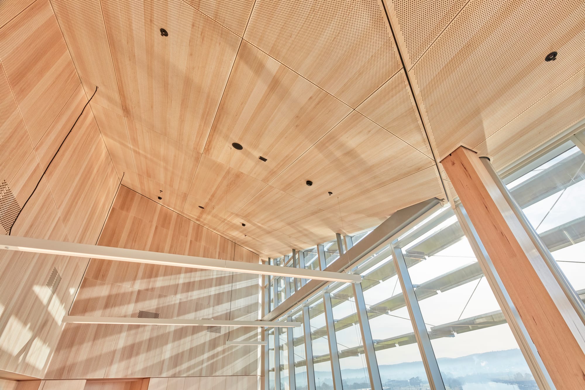 This image captures the interior ceiling structure of a modern architectural space. The ceiling is composed of light wooden panels with a subtle, natural grain pattern, arranged in a faceted design that creates a dynamic and angular appearance. Sleek, white beams support the ceiling, intersecting with vertical wooden columns that match the panels. The columns are set against a backdrop of tall glass windows that reveal a bright, clear sky and hints of a distant horizon, suggesting the building is situated in a location with expansive views. The combination of wood and glass elements emphasizes the structure's contemporary design, while the sunlight streaming through lends the space a warm and welcoming atmosphere.