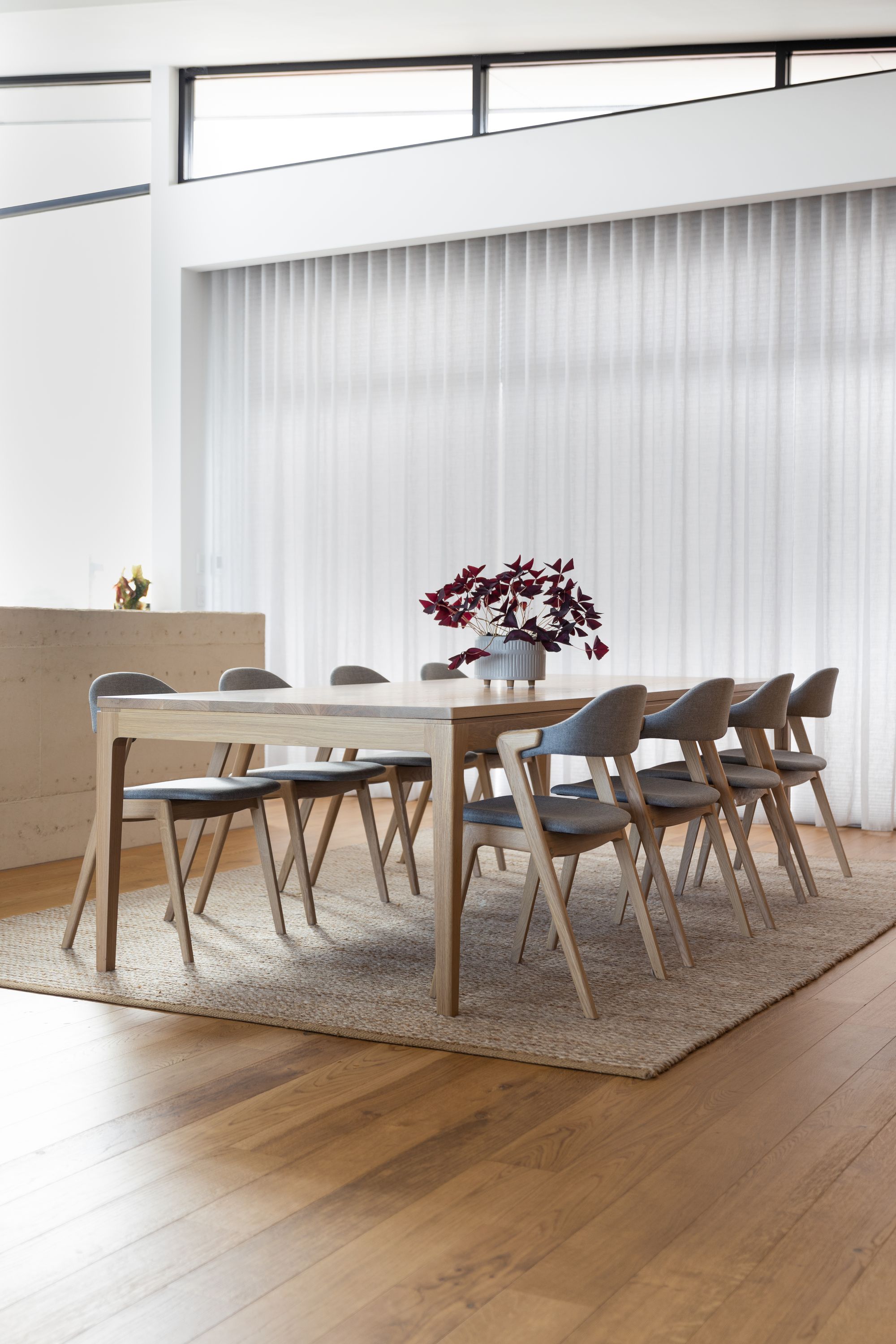 Timberwolf Design: Wistow Dining Table in American Oak.bright dining room with a large window covered by sheer curtains, which soften the natural light that floods the space. The dining table, made of light wood, is placed on a textured beige rug and is accompanied by matching chairs with dark grey cushions. An arrangement of red-leafed plants serves as a centerpiece, adding a vibrant touch of color to the neutral tones of the room.