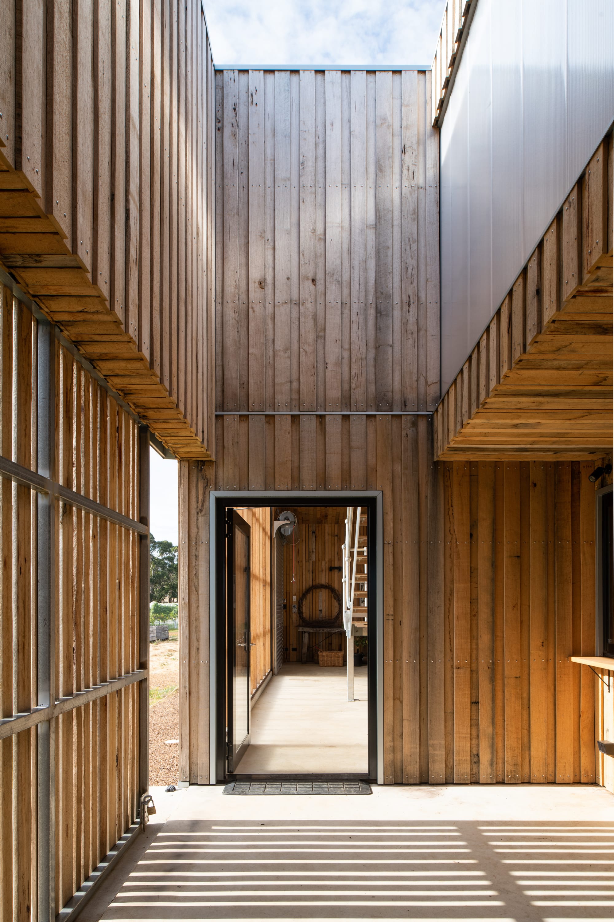 Tasmanian Timber Series: Westella Vineyard.Interior hallway of Westella Vineyard with walls and ceiling lined in natural Tasmanian Oak, leading to a well-lit room with visible wine barrels, showcasing a harmonious blend of wood and light.