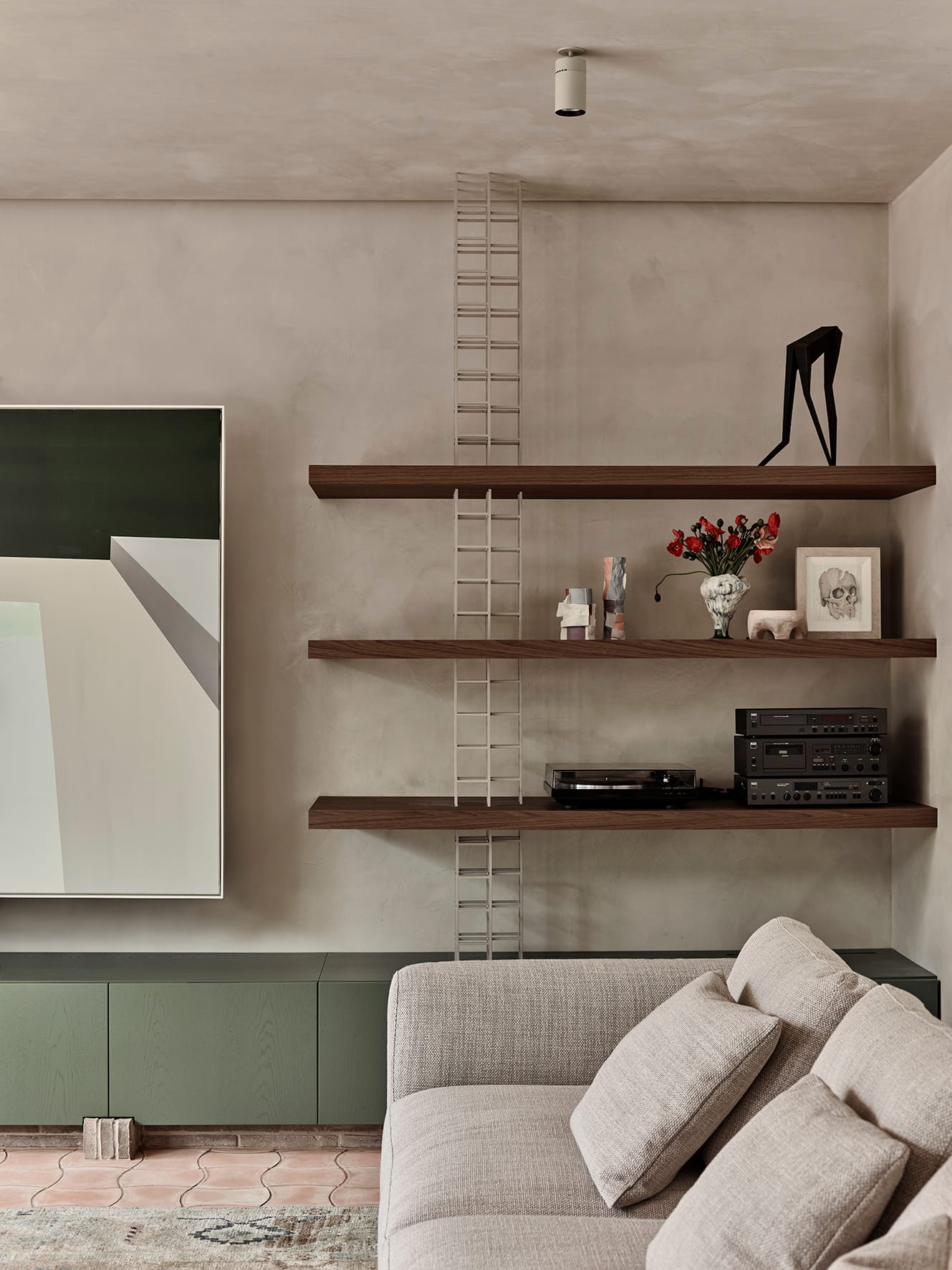 Terra Firma by RobsonRak showing a detail shot of the living room with rendered walls and timber shelves