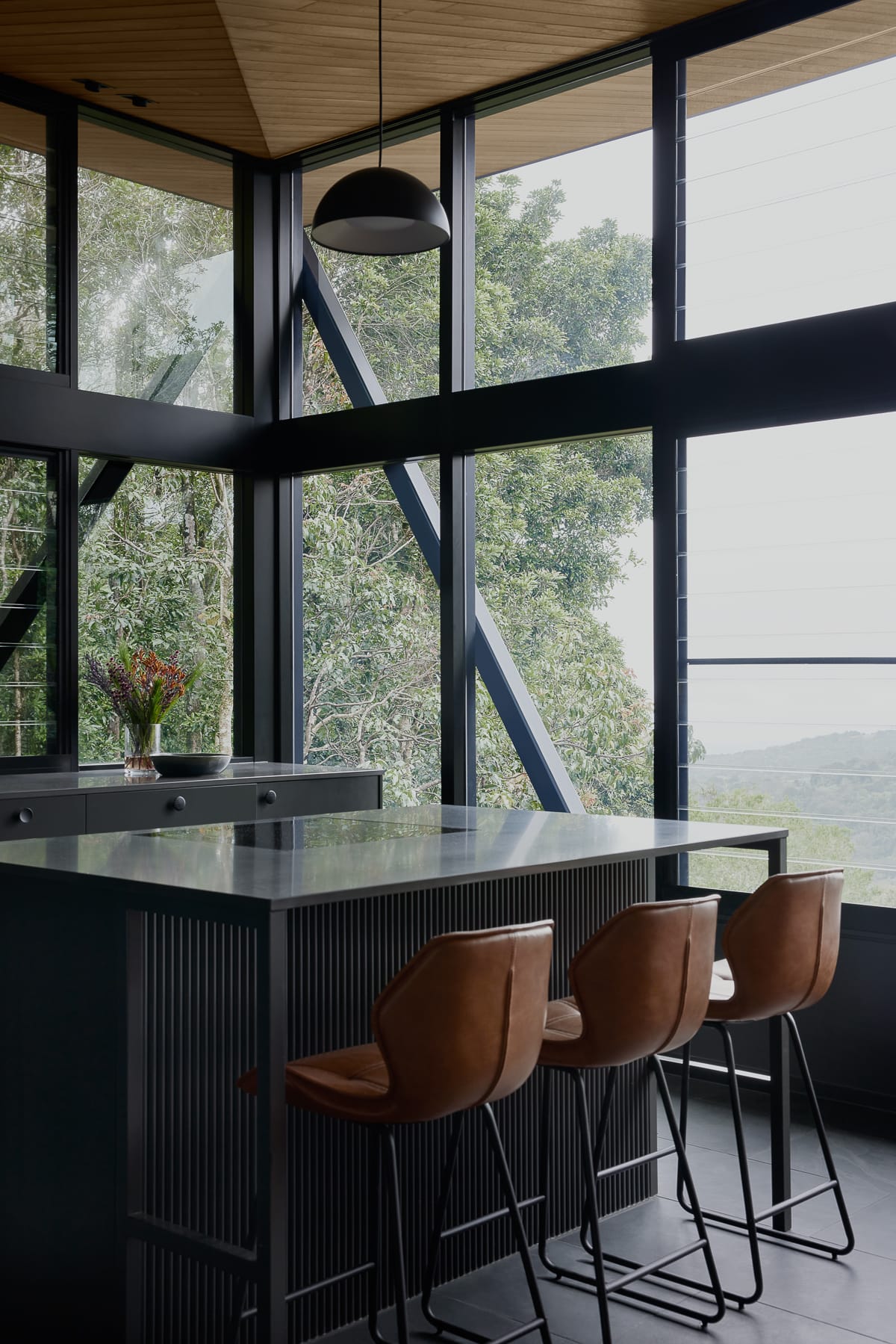 Cloudview Springbrook by Paul Uhlmann Architects. Photography by Brock Beazley. Contemporary residential kitchen with black cabinetry, floors and window frames that overlook a rainforest. Brown leather bar stools. 