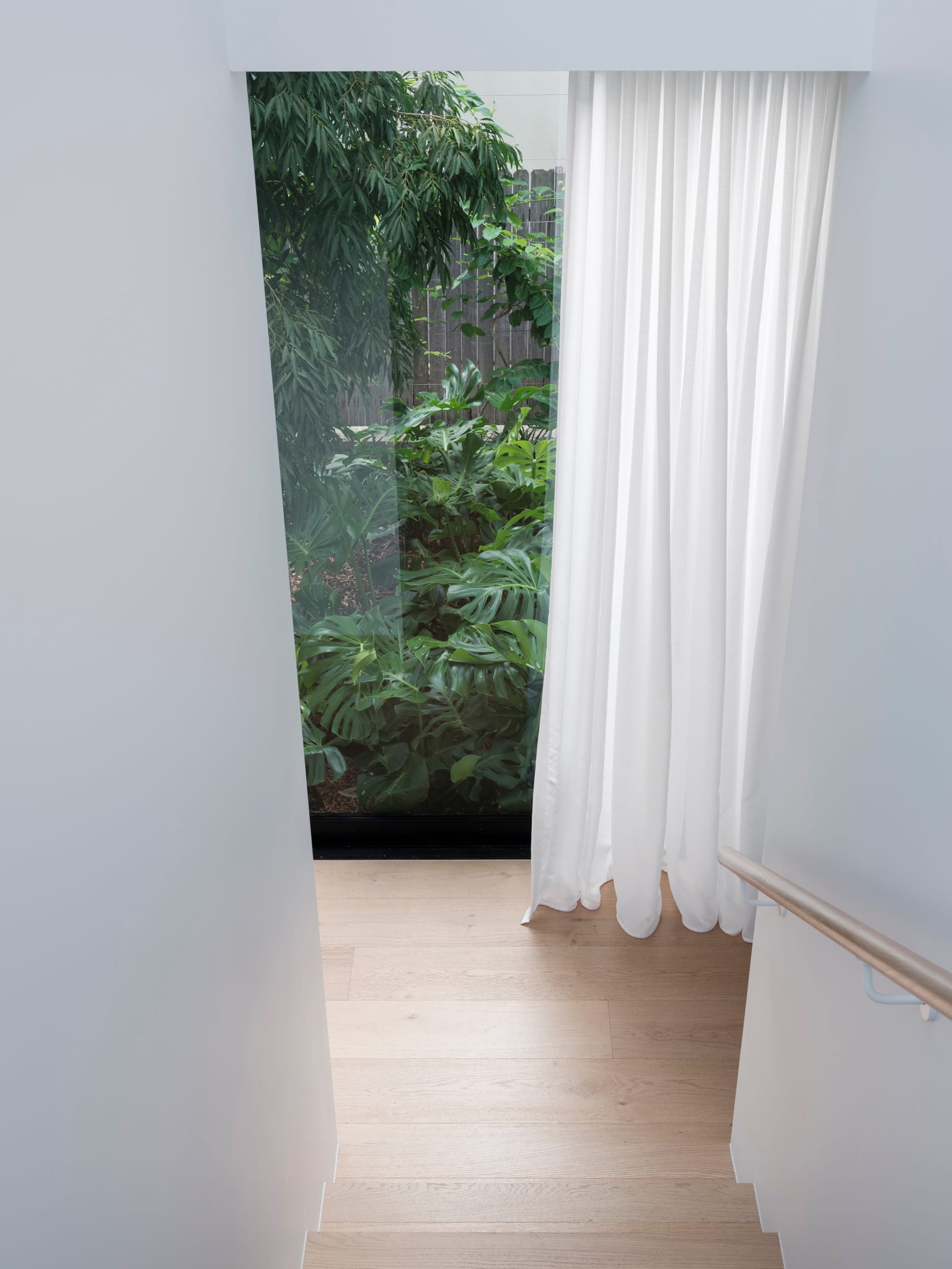 Bellevue House by Carla Middleton Architects. Photography by Tom Ferguson. Floor-to-ceiling window overlooking indoor courtyard at the end of a timber staircase. White curtains and walls. 