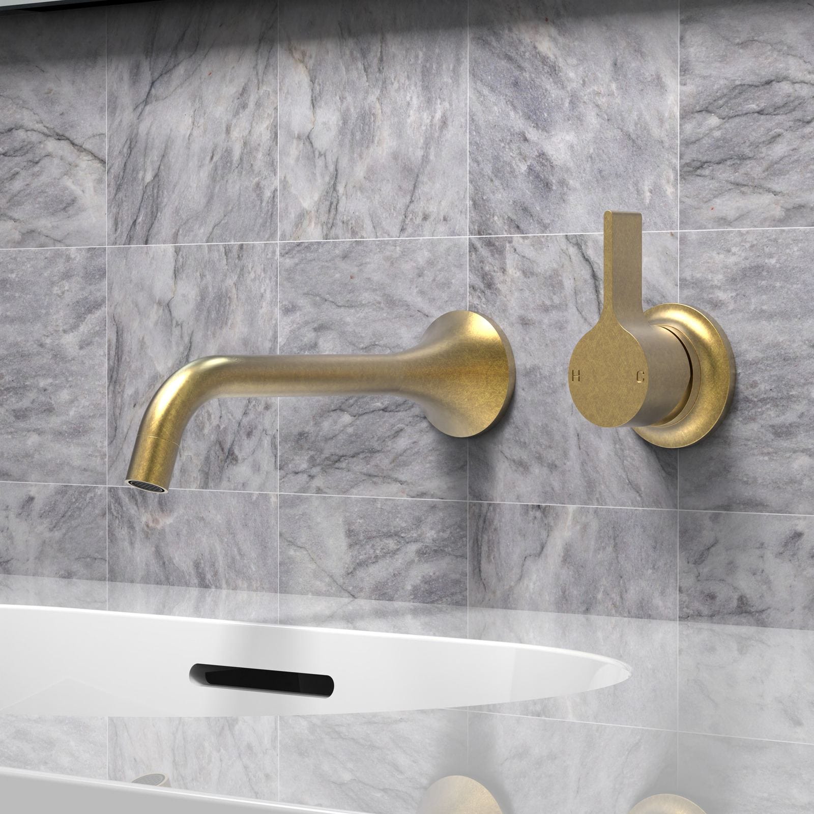 PAR TAPS. Copyright of PAR TAPS. Close up render of brushed brass sink mixer and tap on tiled wall. 