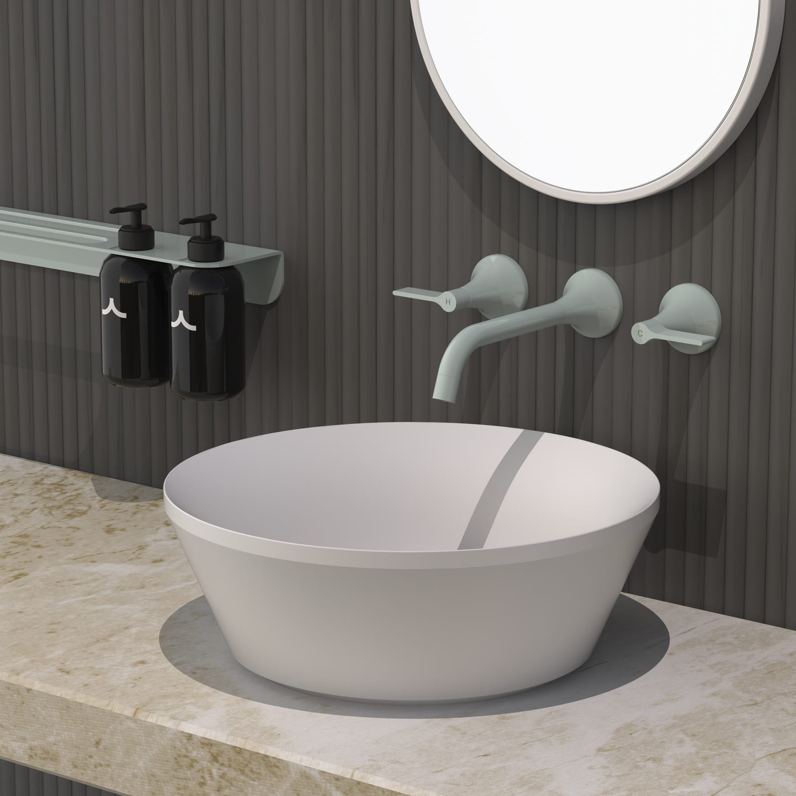 A render of Ari Tapware Bathroom In-Situ - Wall Mixer Set in Blu Sage