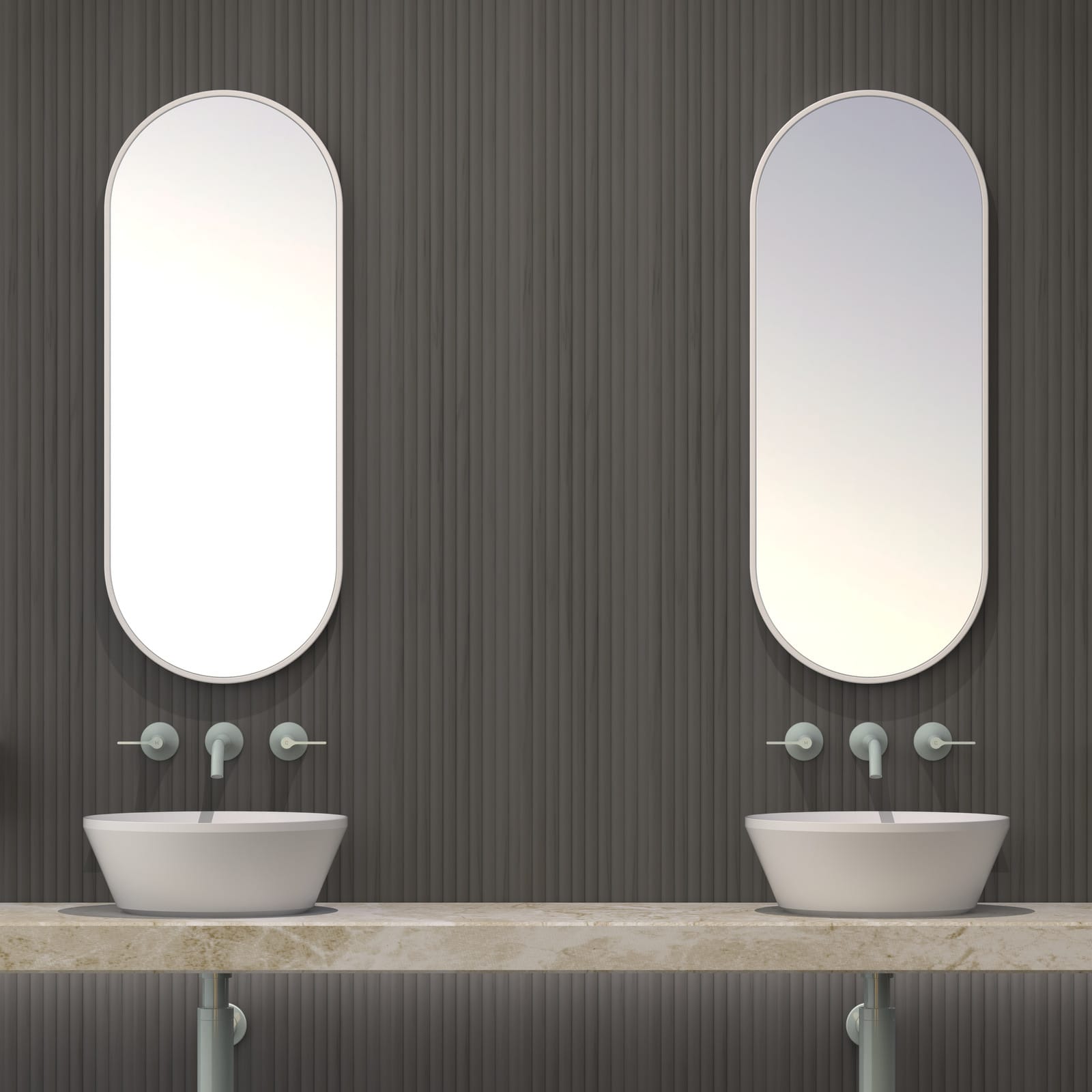 A render image of Par Taps wall mixer sets situated above a white basin with a round mirror above
