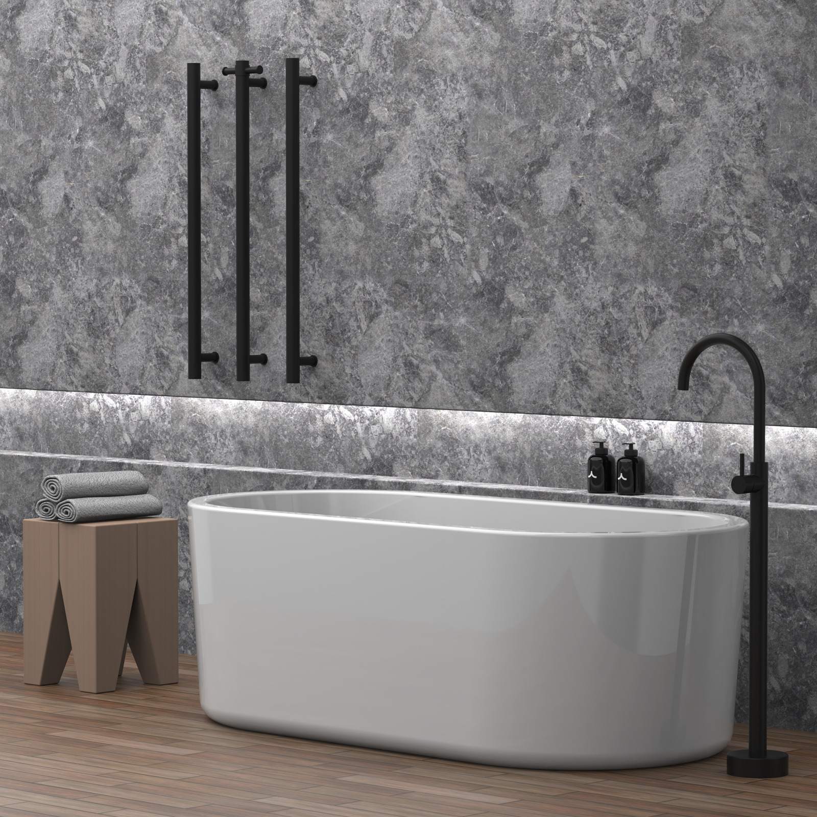 PAR TAPS. Copyright of PAR TAPS. Render of bathroom with standalone bathtub and standing sink, finished in matte black. Marble wall finish and timber flooring. 