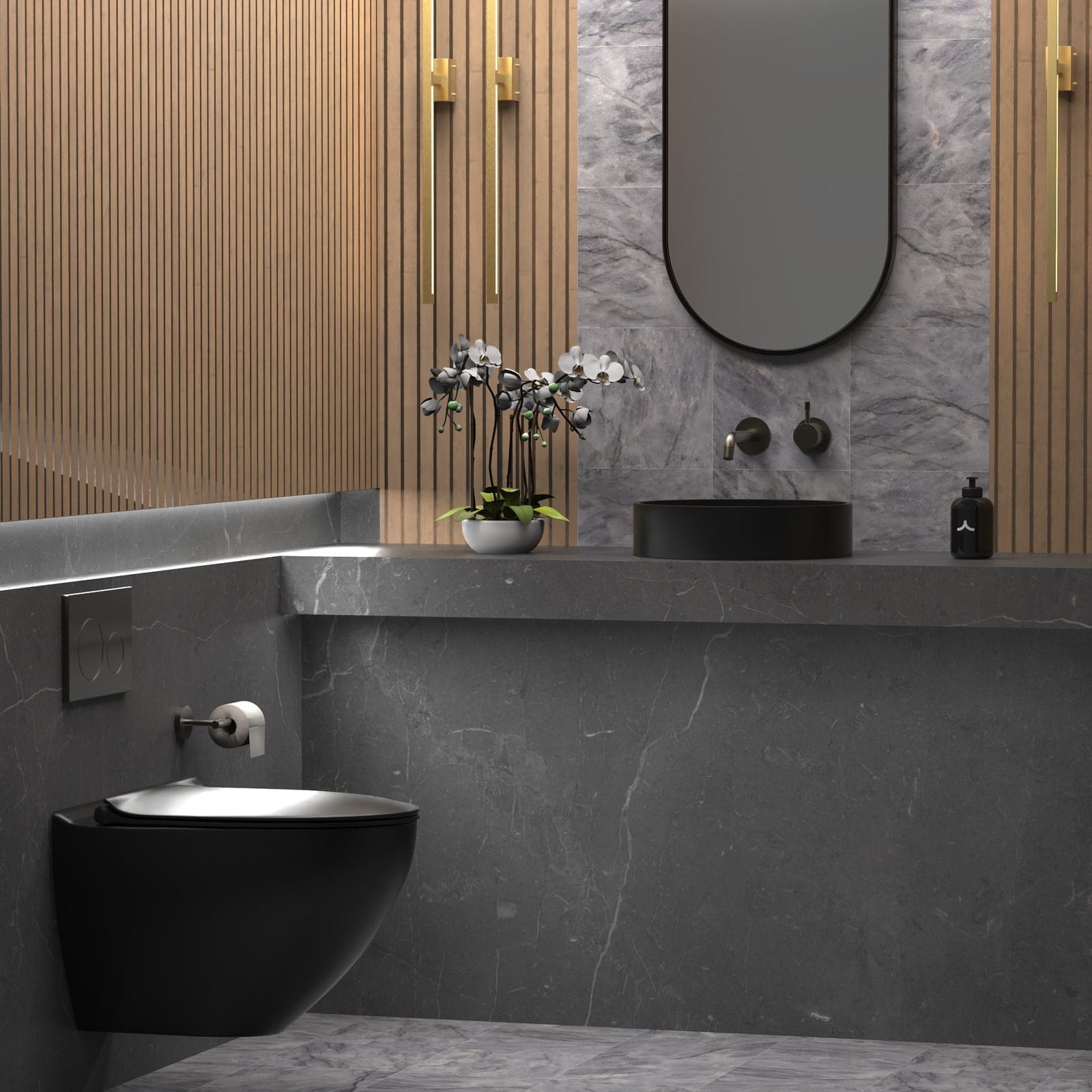 PAR TAPS. Copyright of PAR TAPS. Render of contemporary bathroom with dark tiled floors, walls, toilet, sink and mixers.
