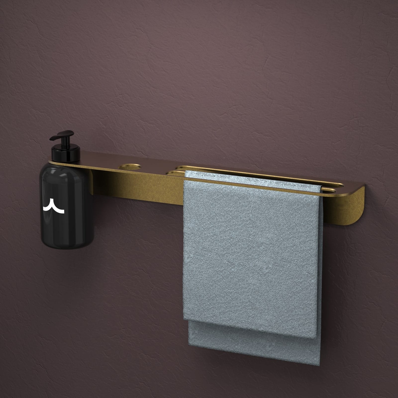 A Par Taps towel and soap holder in brass on a rendered purple wall