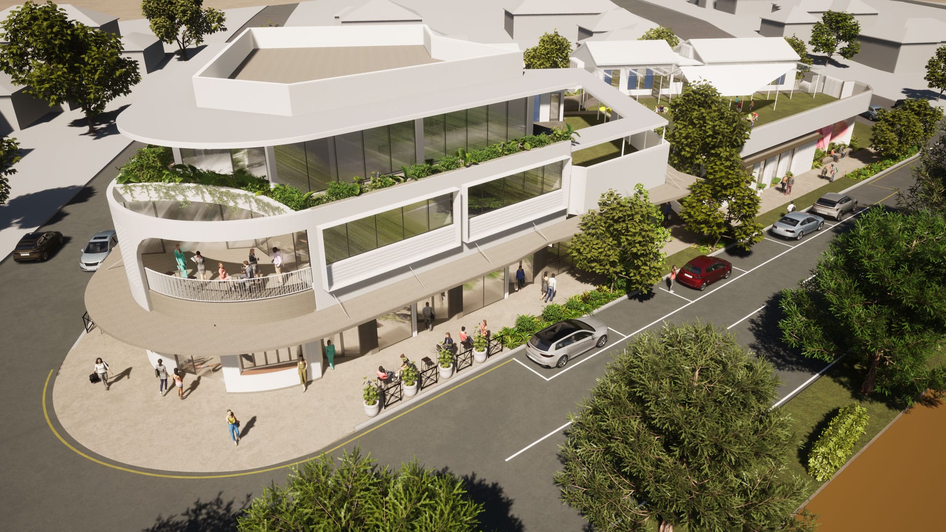 Graceville by 77 Architecture. Copyright of 77 Architecture. Birds eye render of multistory white building on a street corner. 