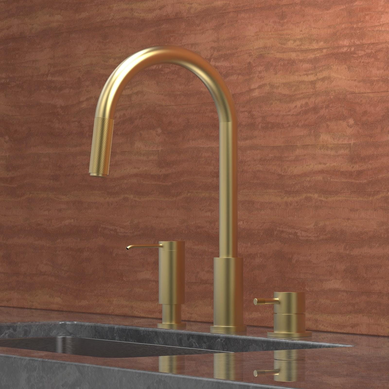 A render of Par Taps mixer and hob set in brass with a rendered wall behind