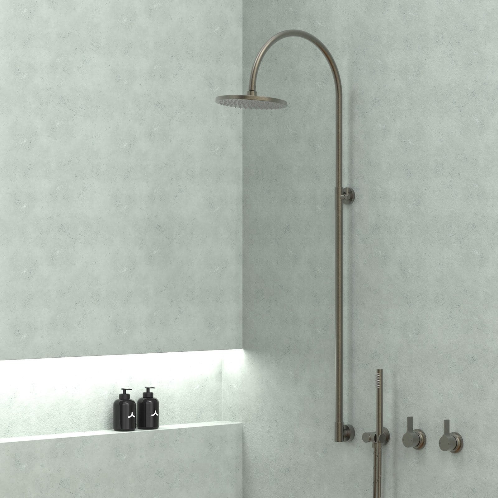 PAR TAPS. Copyright of PAR TAPS. Render of minimalistic shower with chrome showerhead and fixtures. 