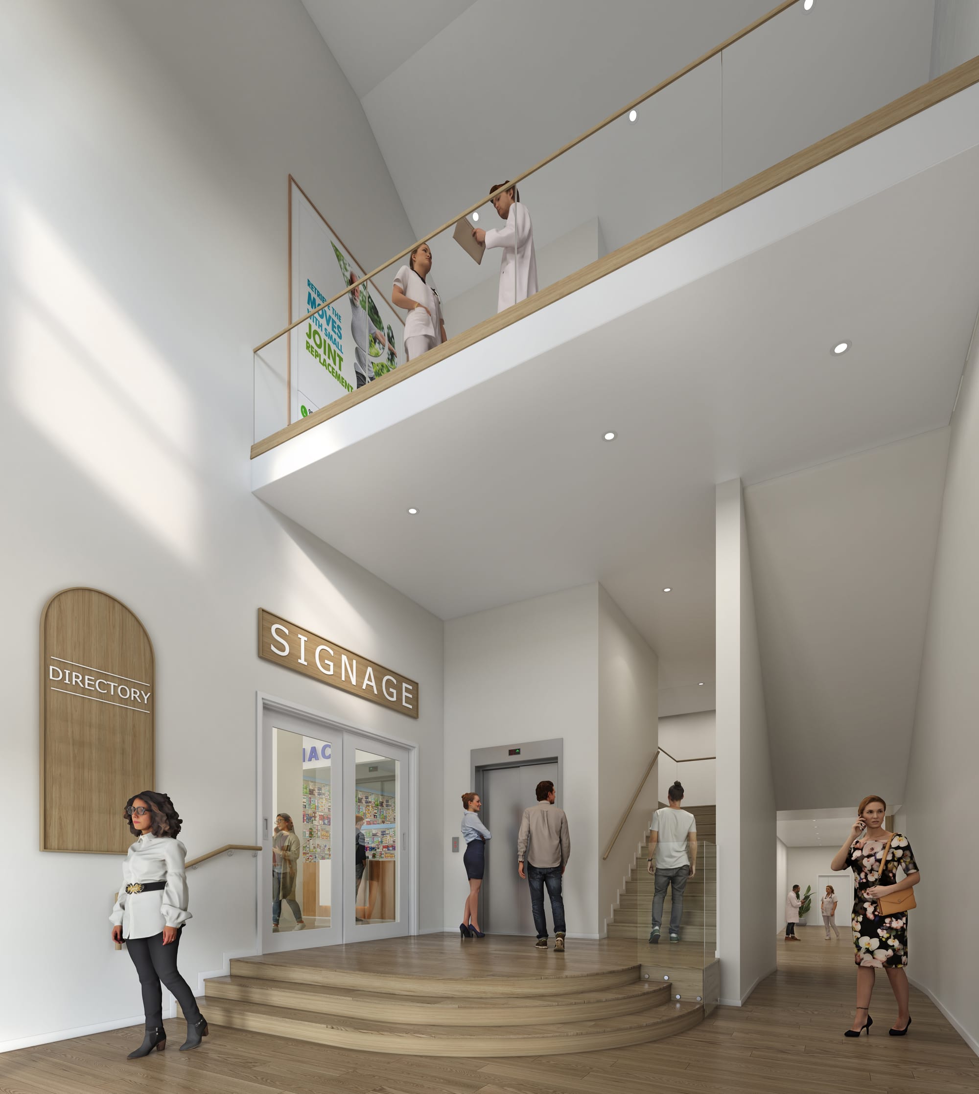 Northern Rivers Health Centre by 77 Architecture. Copyright of 77 Architecture. Render of multi-level foyer of commercial premise with white walls and timber floors. 