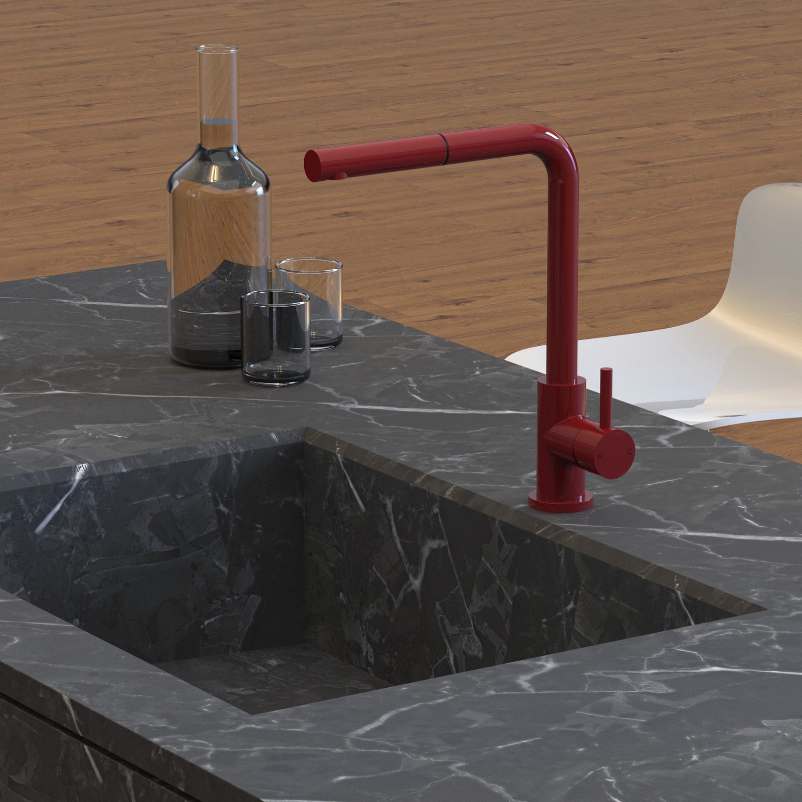 PAR TAPS. Copyright of PAR TAPS. Close up render of kitchen benchtop featuring integrated stone sink and red mixer. 