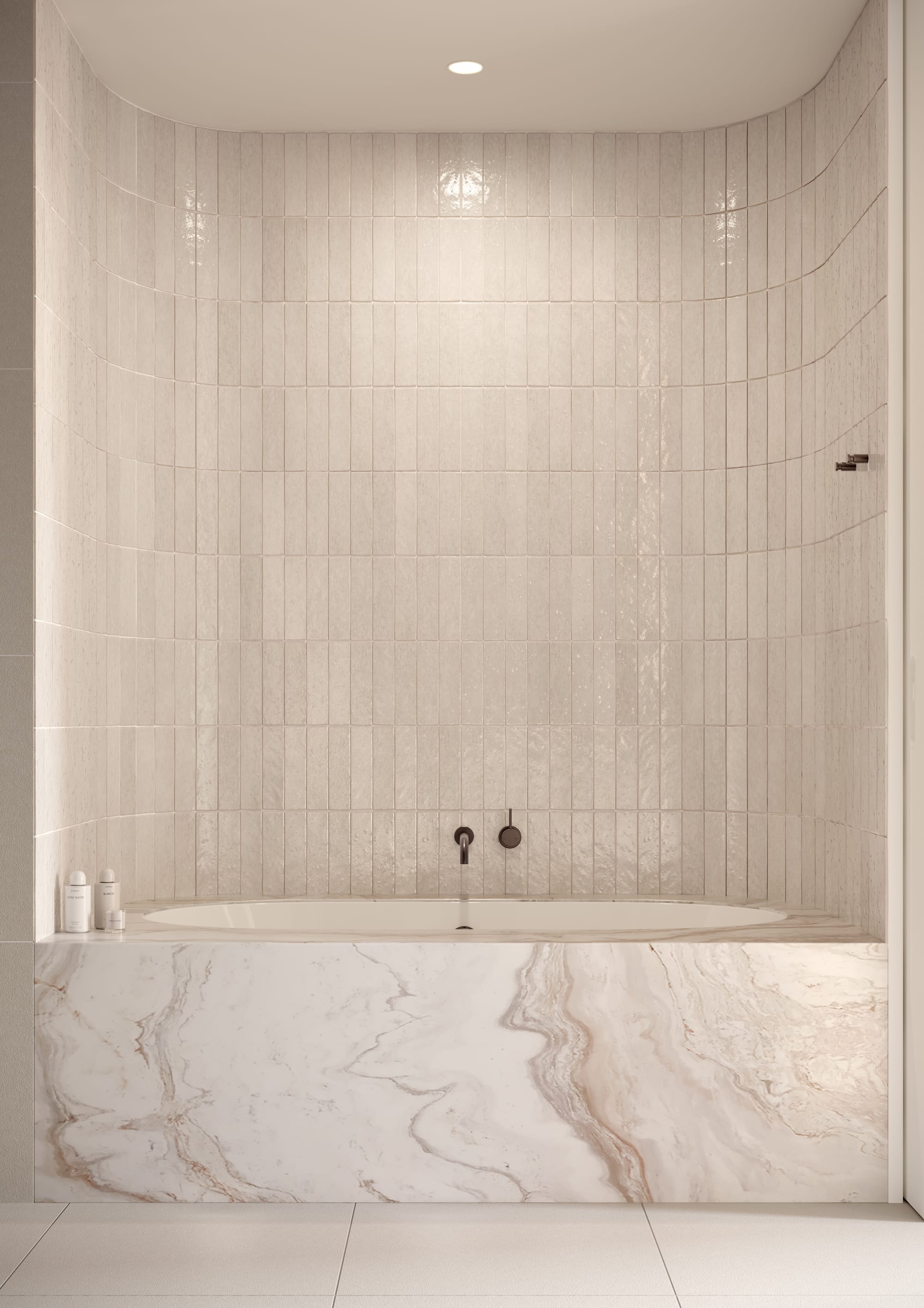 Sculpt Hawthorn by Mim Design, Parallel Workshop and Jack Merlo. Render copyright of Studio Piper. Bath encased in marble. Textured subway tiles on walls. Organically curved walls. 