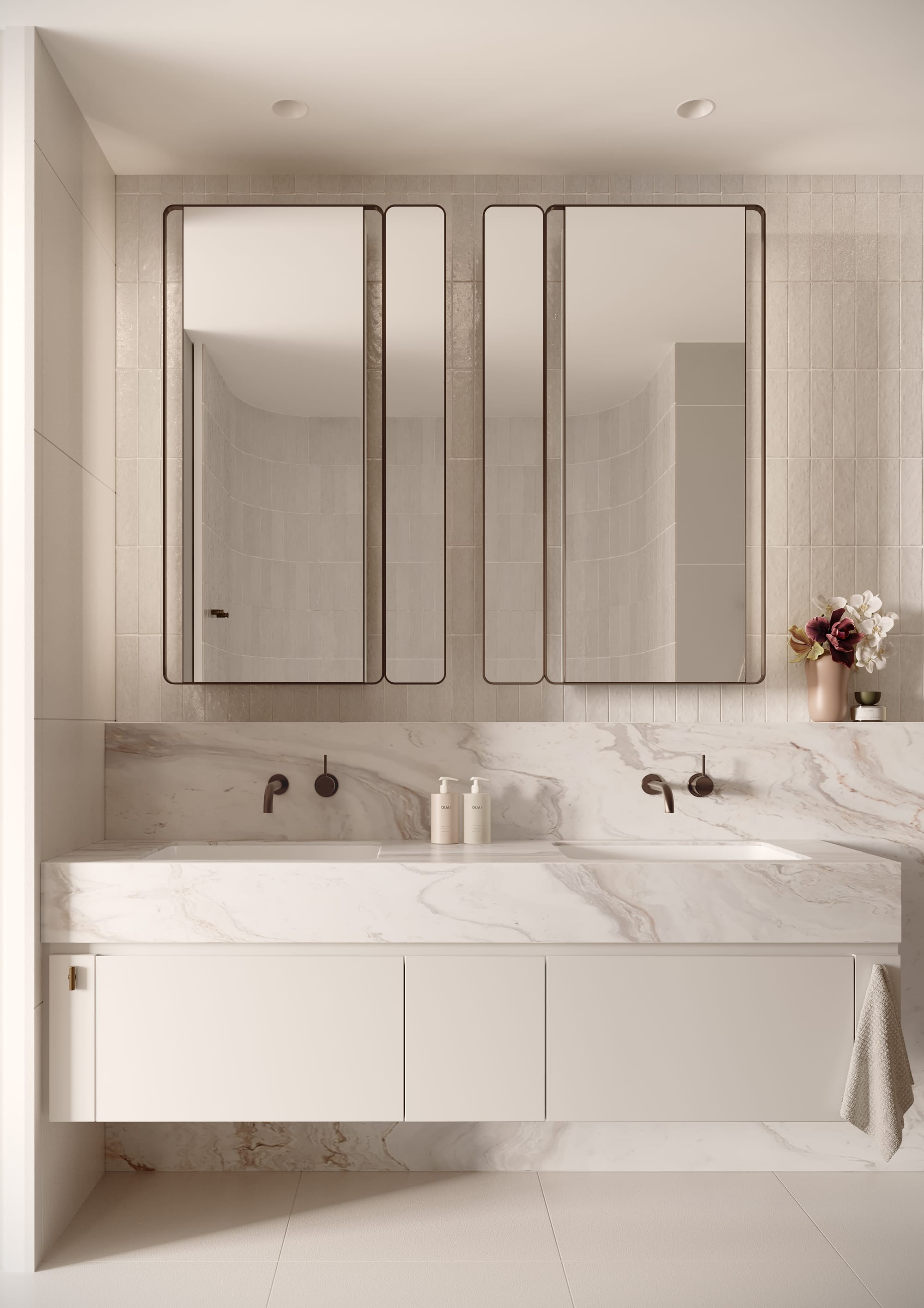 Sculpt Hawthorn by Mim Design, Parallel Workshop and Jack Merlo. Render copyright of Studio Piper. Bathroom with double vanity with hanging mirrors. Marble countertops and splashback. Brass tapware.